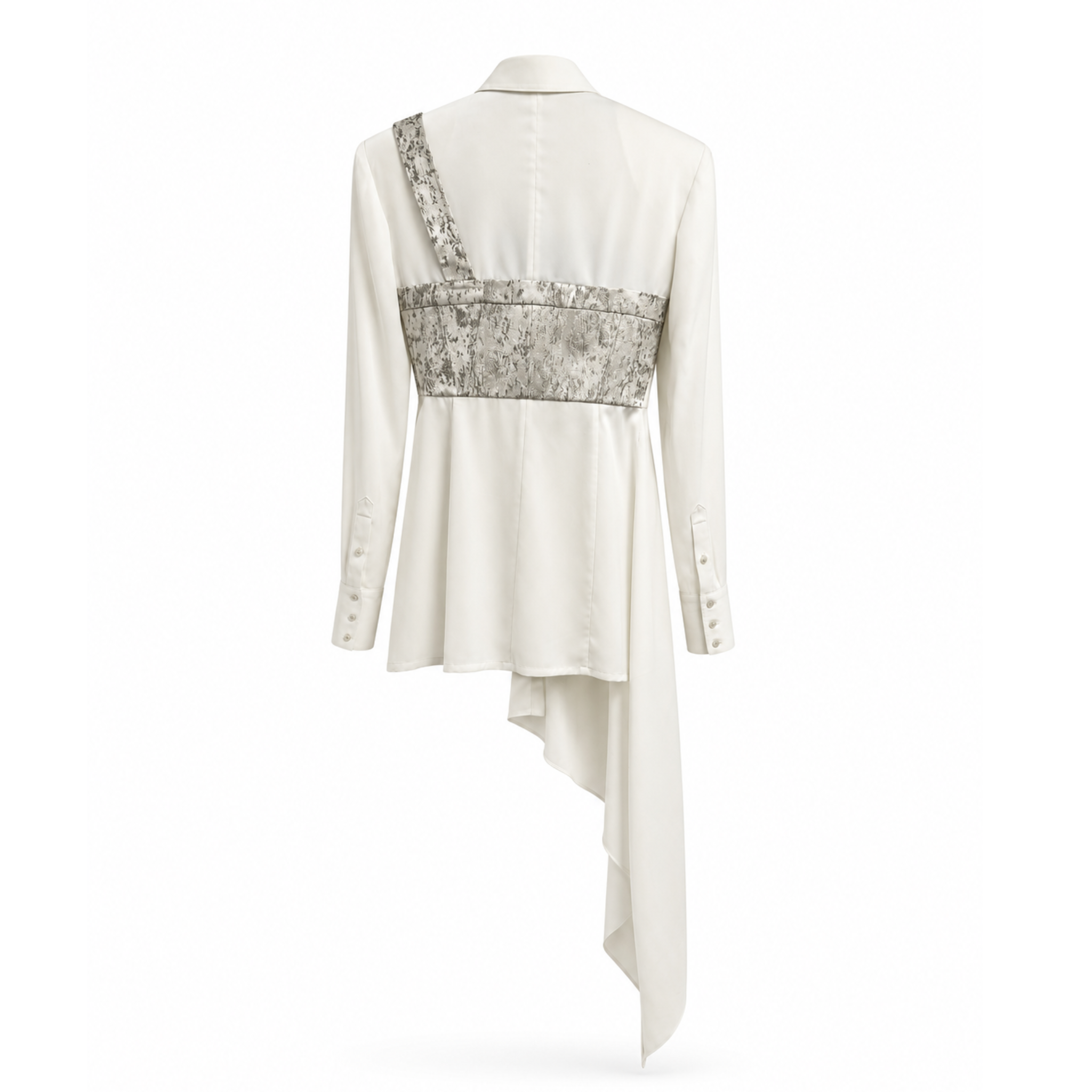 Tailory ivory asymmetric draped shirt back view with metallic corset detail and cascading hem