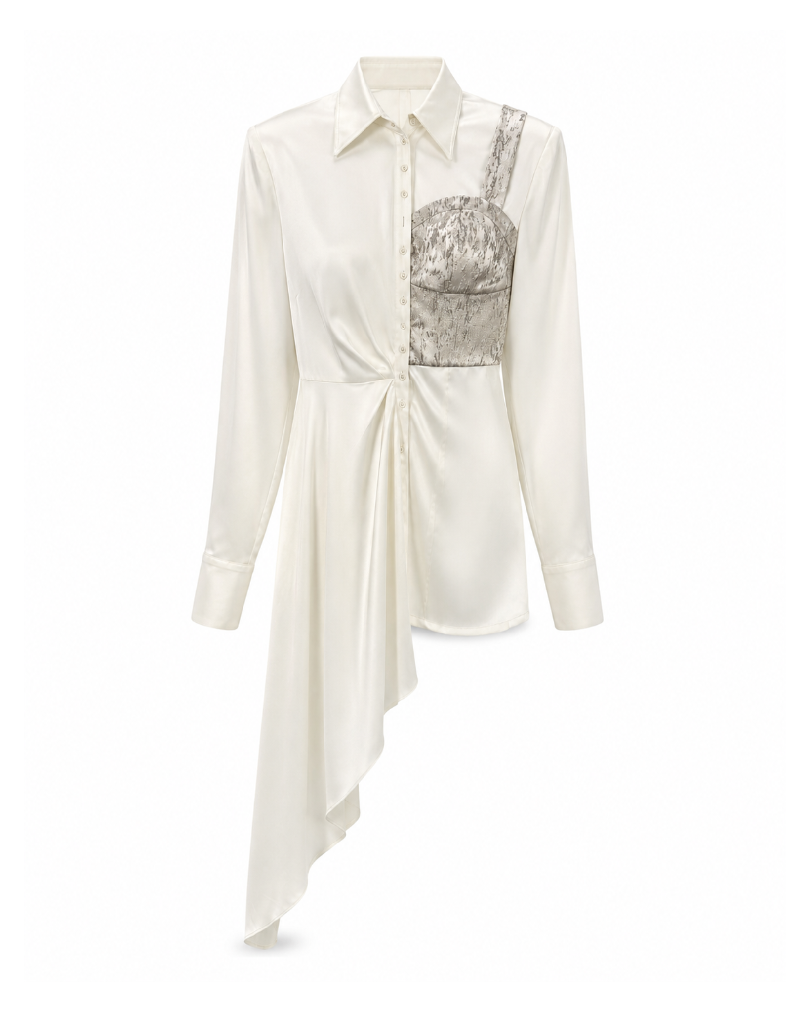 Tailory ivory asymmetric draped shirt front view with metallic corset detail and cascading hem