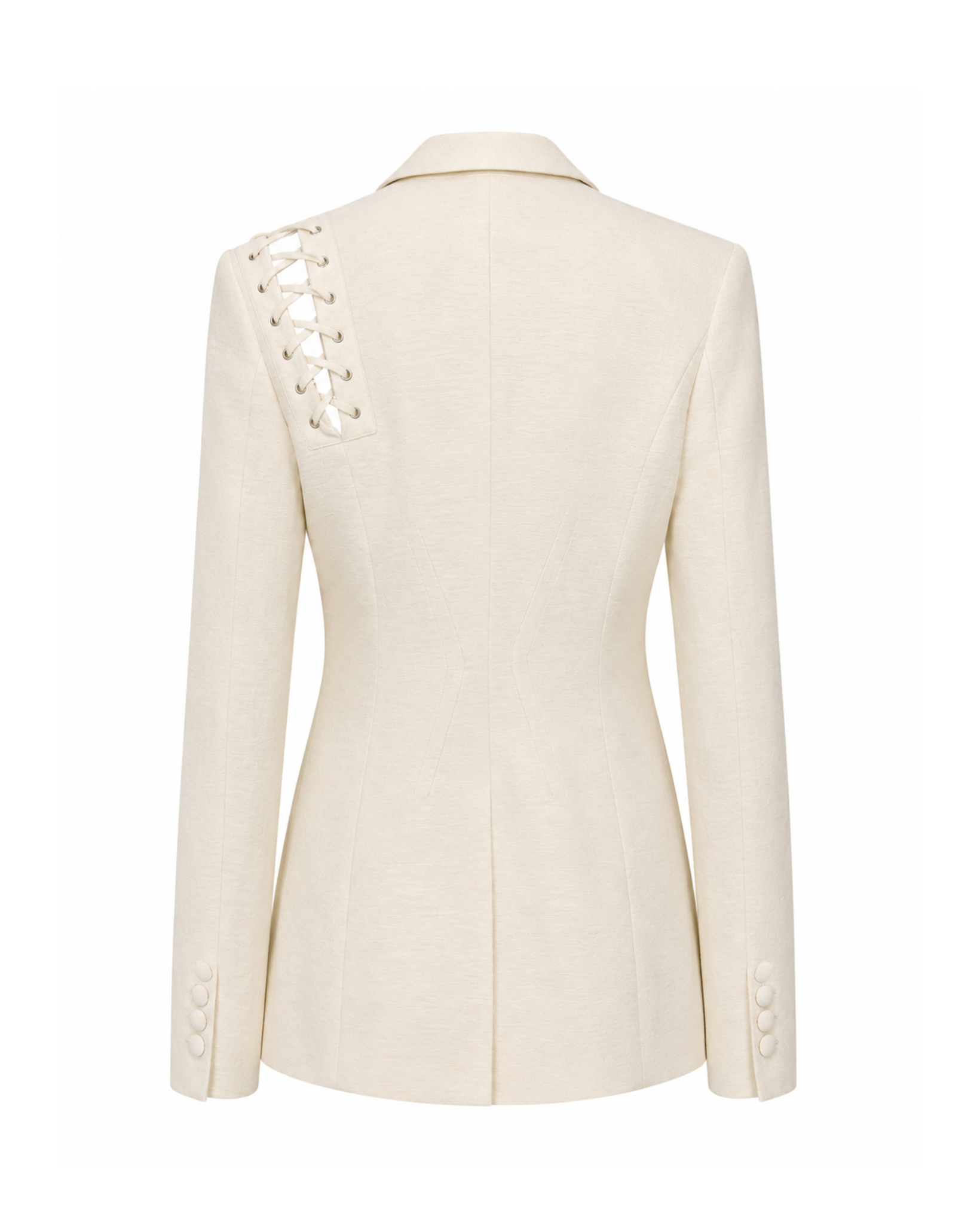 Tailory ivory lace-up tailored blazer back view with notched lapels and single-button closure