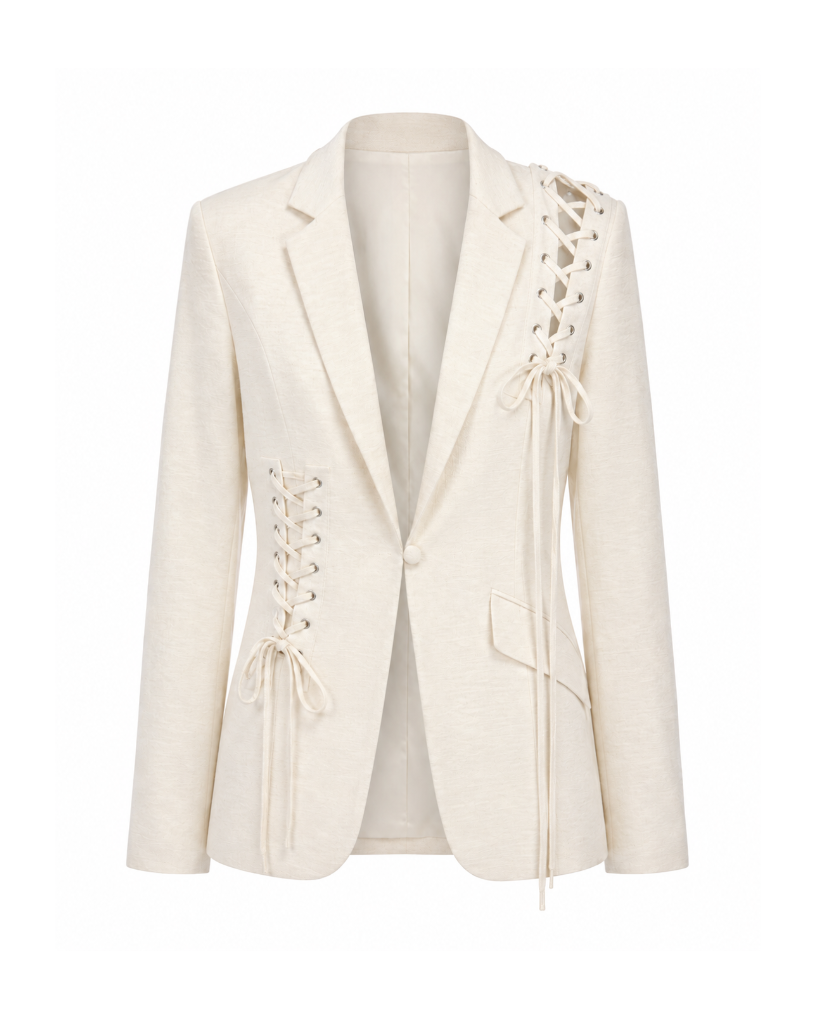 Tailory ivory lace-up tailored blazer front view with notched lapels and single-button closure