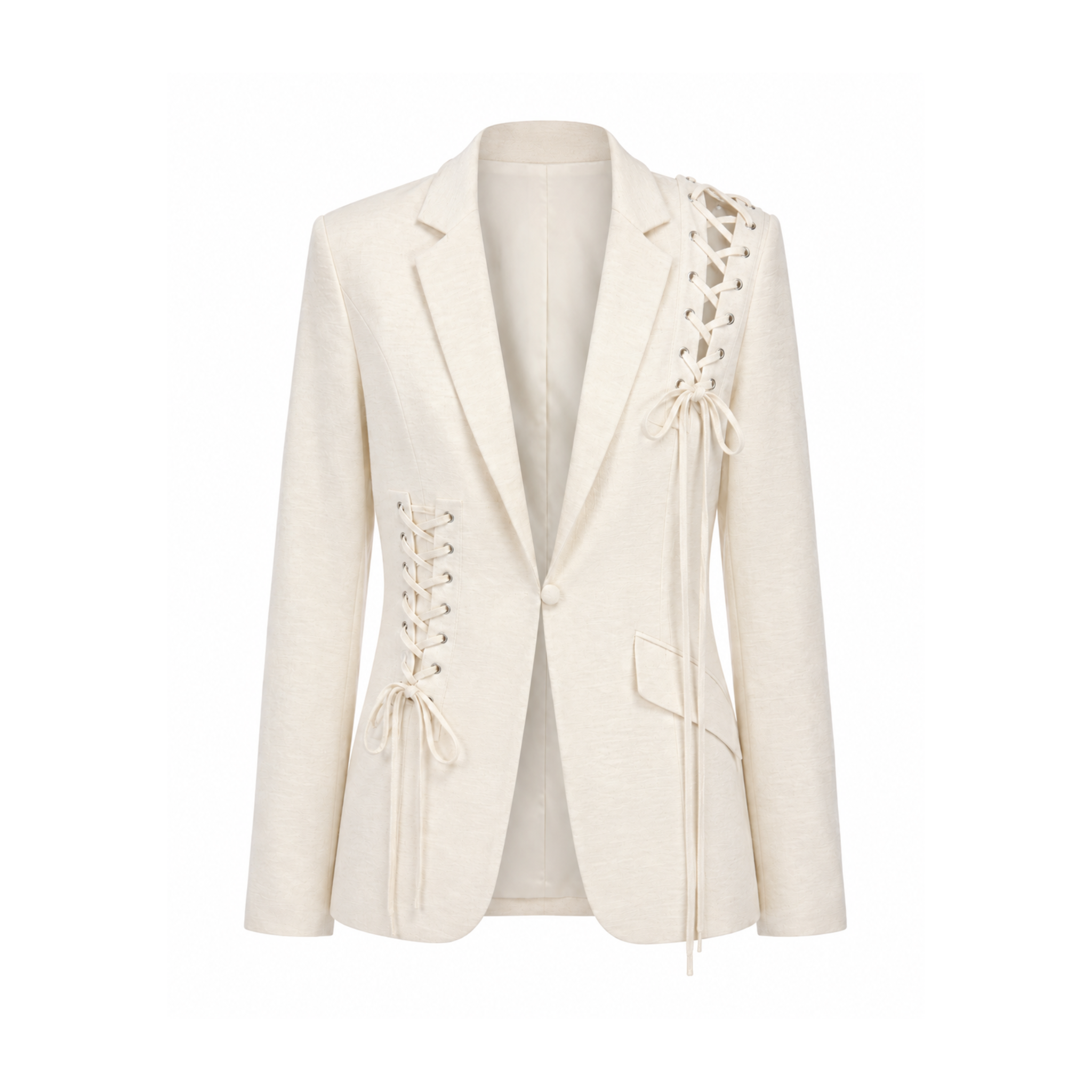 Tailory ivory lace-up tailored blazer front view with notched lapels and single-button closure