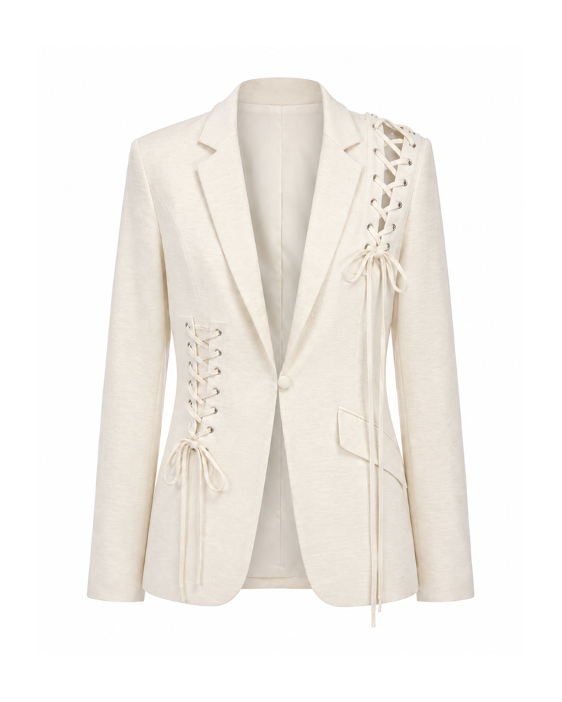 Tailory ivory lace-up tailored blazer front view with notched lapels and single-button closure