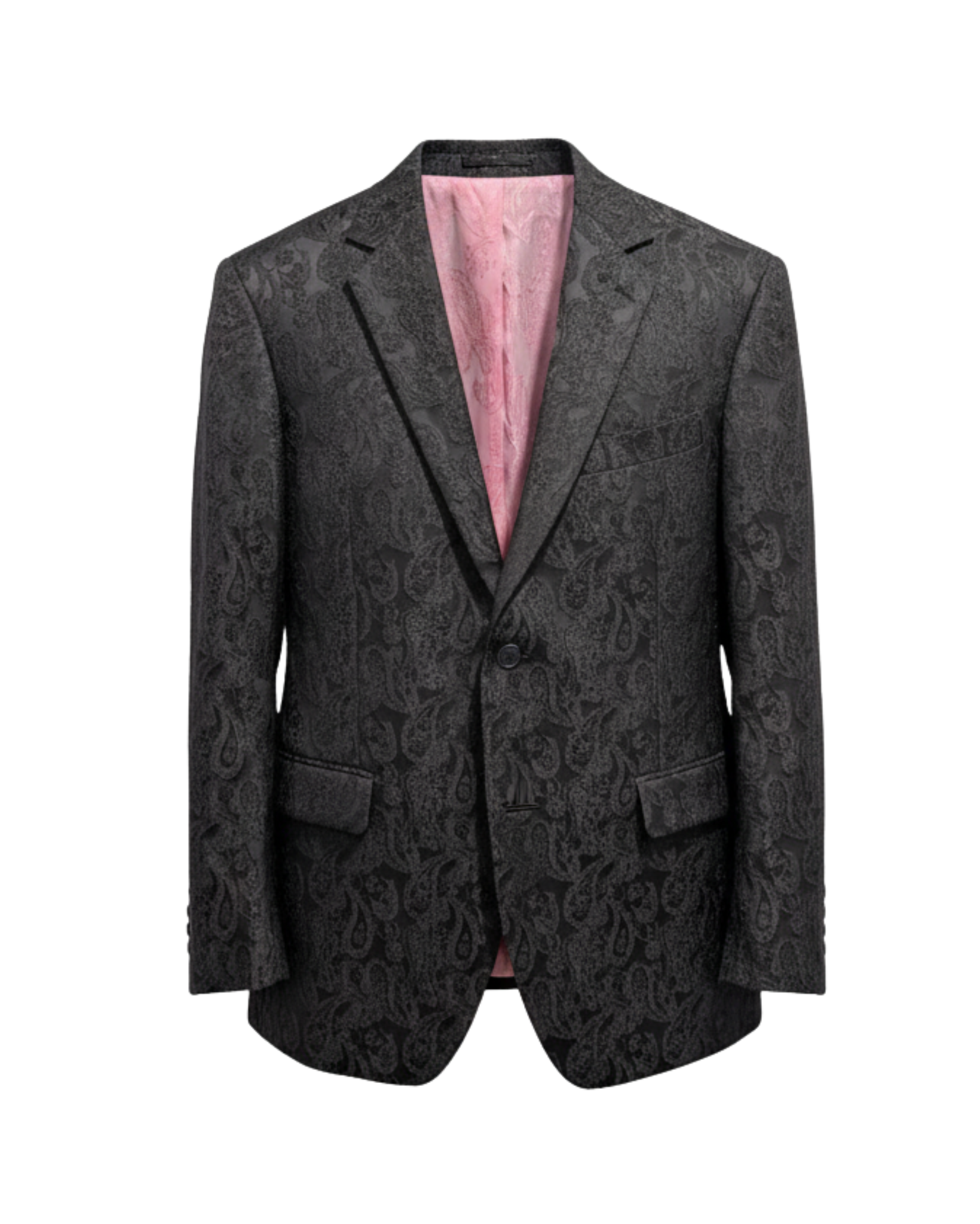 Tailory black crinkled jacquard evening jacket with pink lining front view