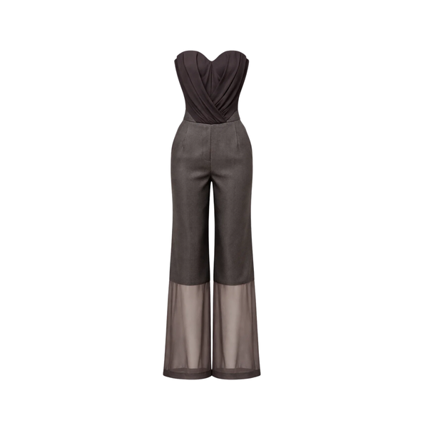 Tailory chocolate brown strapless jumpsuit with sheer hem front view