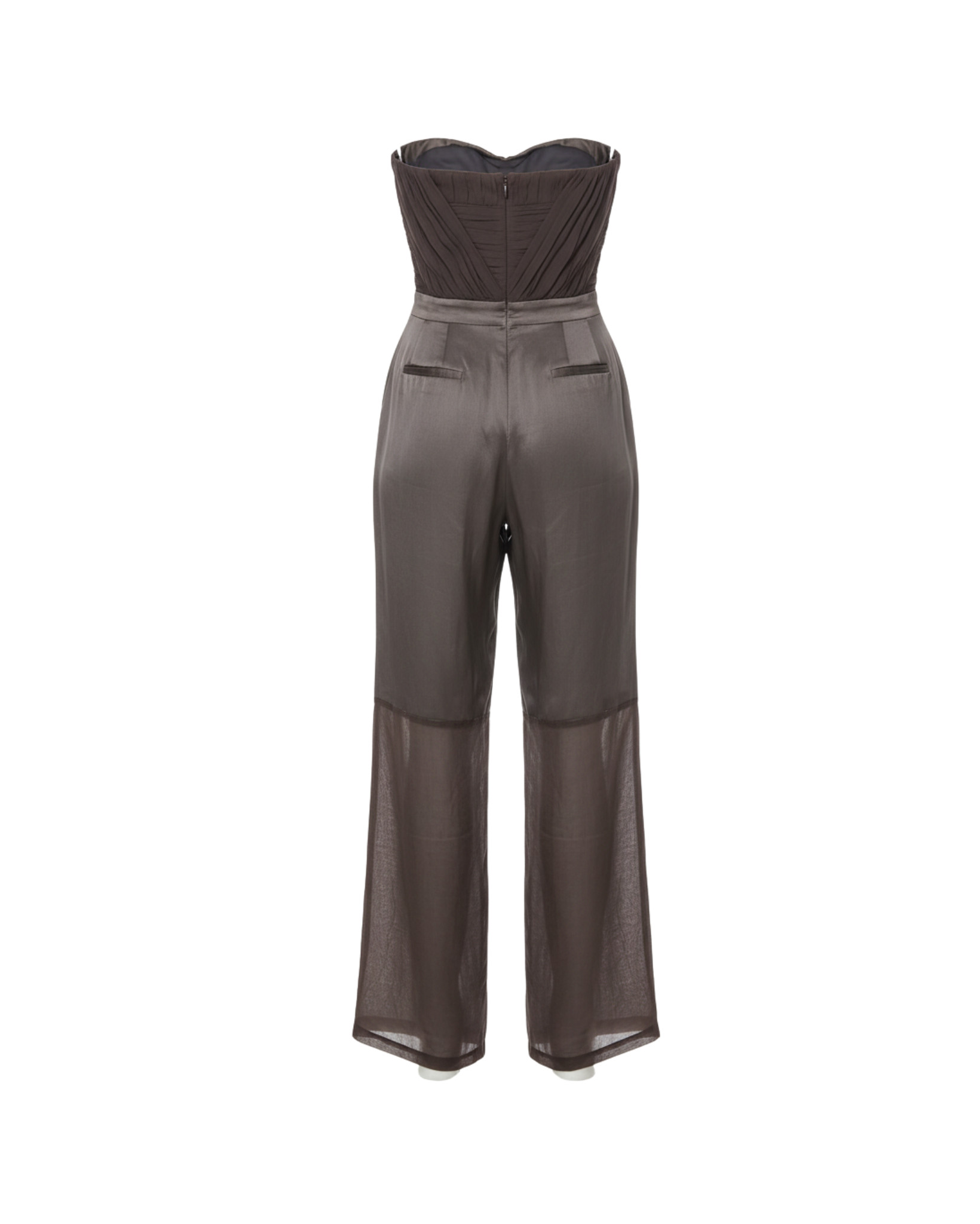 Tailory chocolate brown wide-leg jumpsuit with sheer hem back view