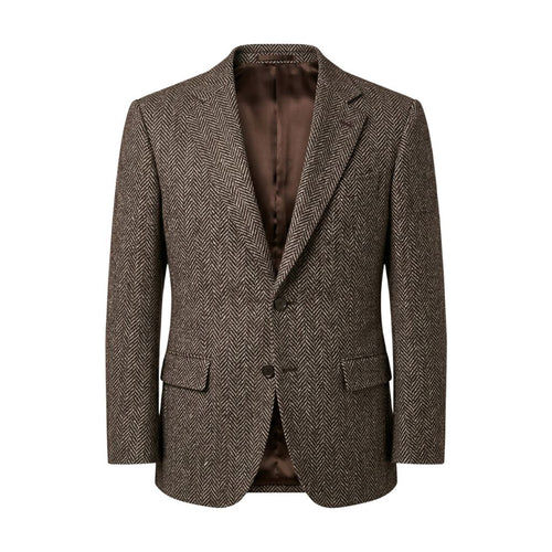 Loro Piana Brown Herringbone Wool Sportcoat in a classic herringbone pattern, featuring a tailored fit with notch lapels and a rich brown wool fabric for refined men's suiting.