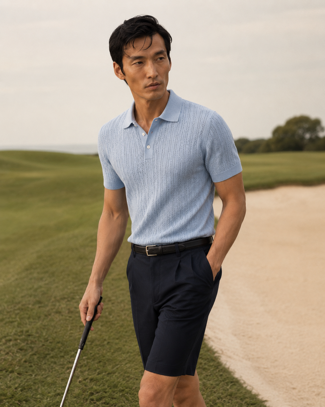 Man in light blue polo shirt and black shorts holding a golf club on a golf course.