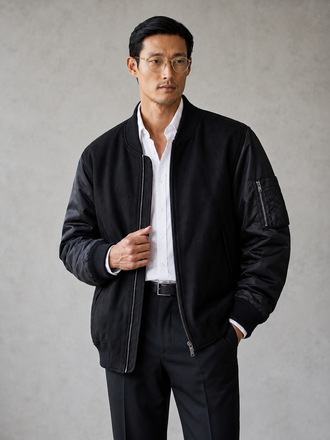 Man wearing a black bomber jacket over a white shirt and dark pants on a gray background