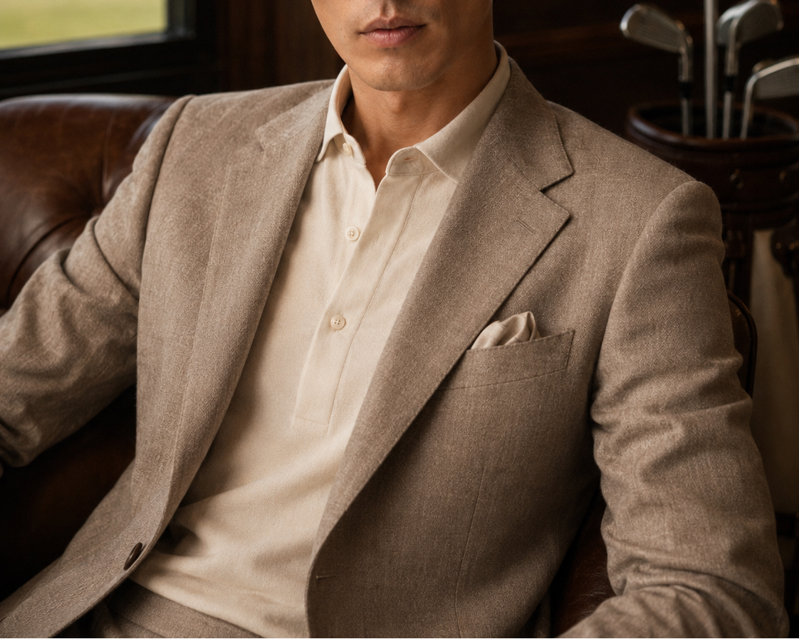 Man wearing a brown blazer over a white shirt in an indoor setting.