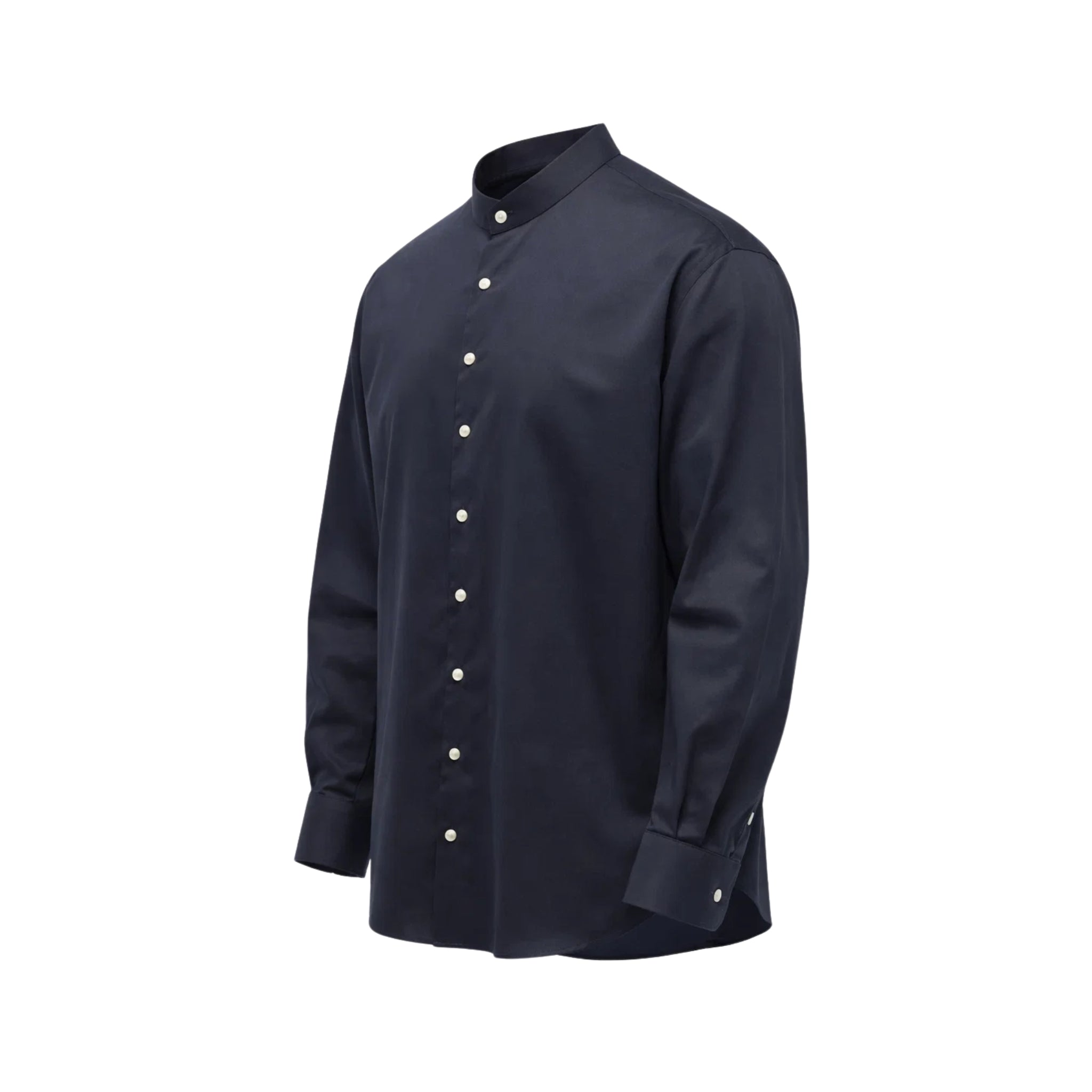 Tailory blue mandarin collar button-up shirt side view