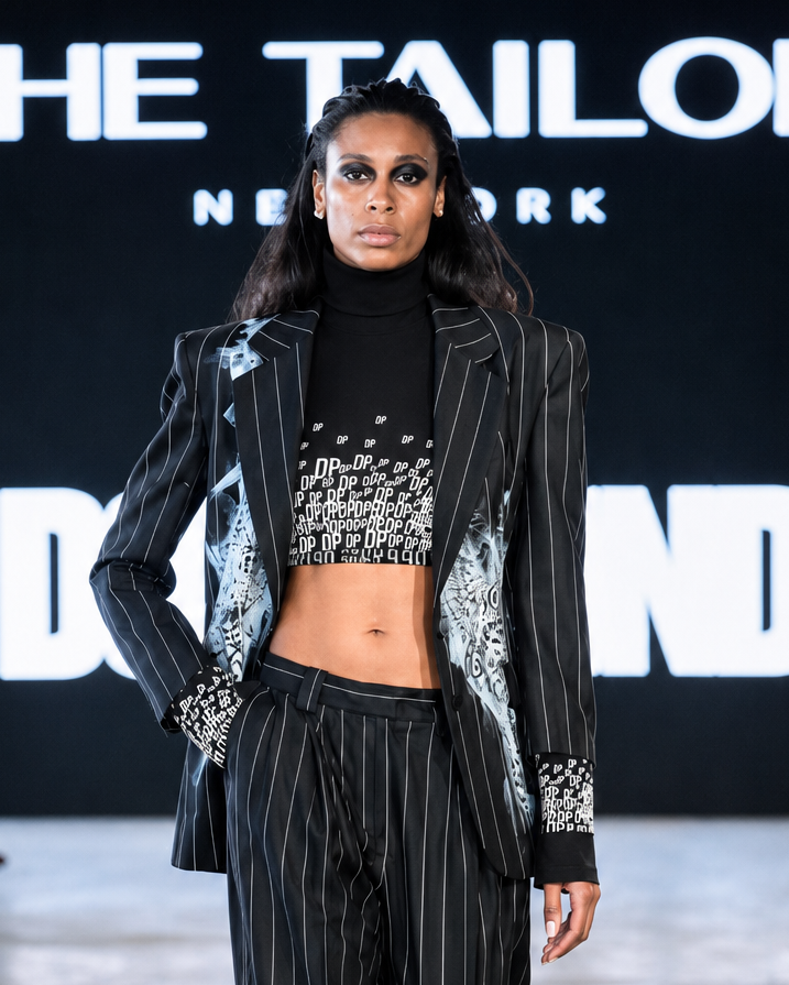 Model walking on a runway wearing a stylish outfit with 'The Tailor New York' branding in the background.
