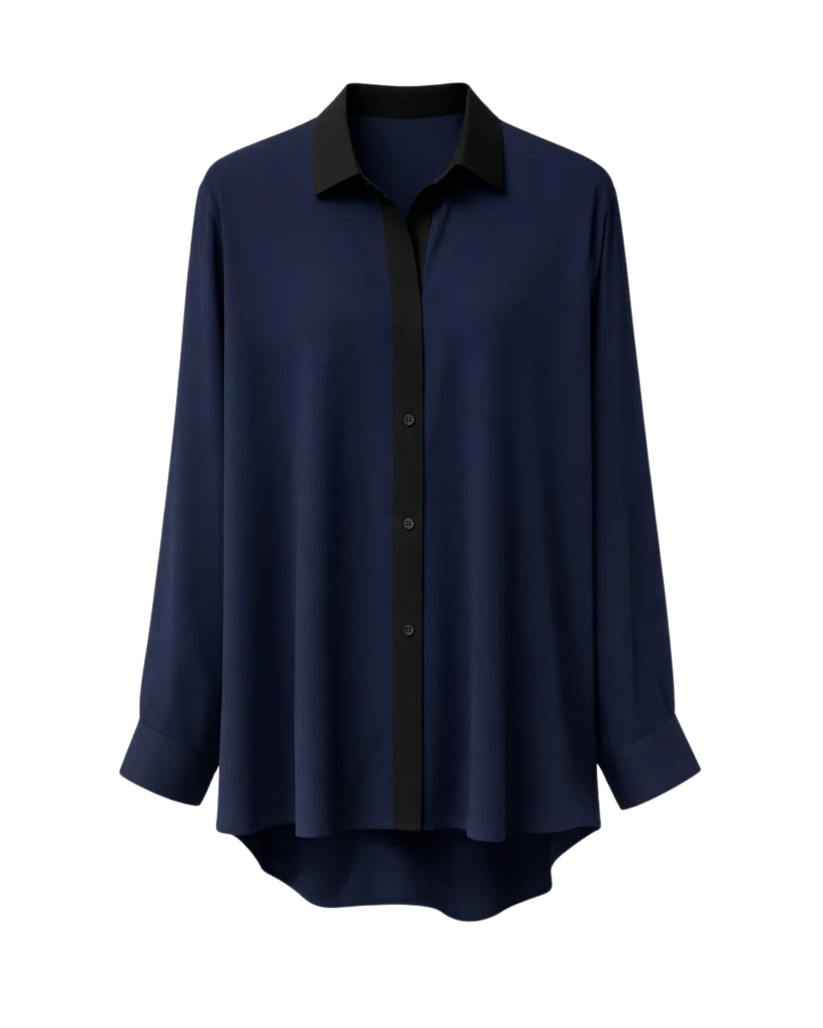 Tailory navy button-down shirt side view showing flowy silhouette and curved hem
