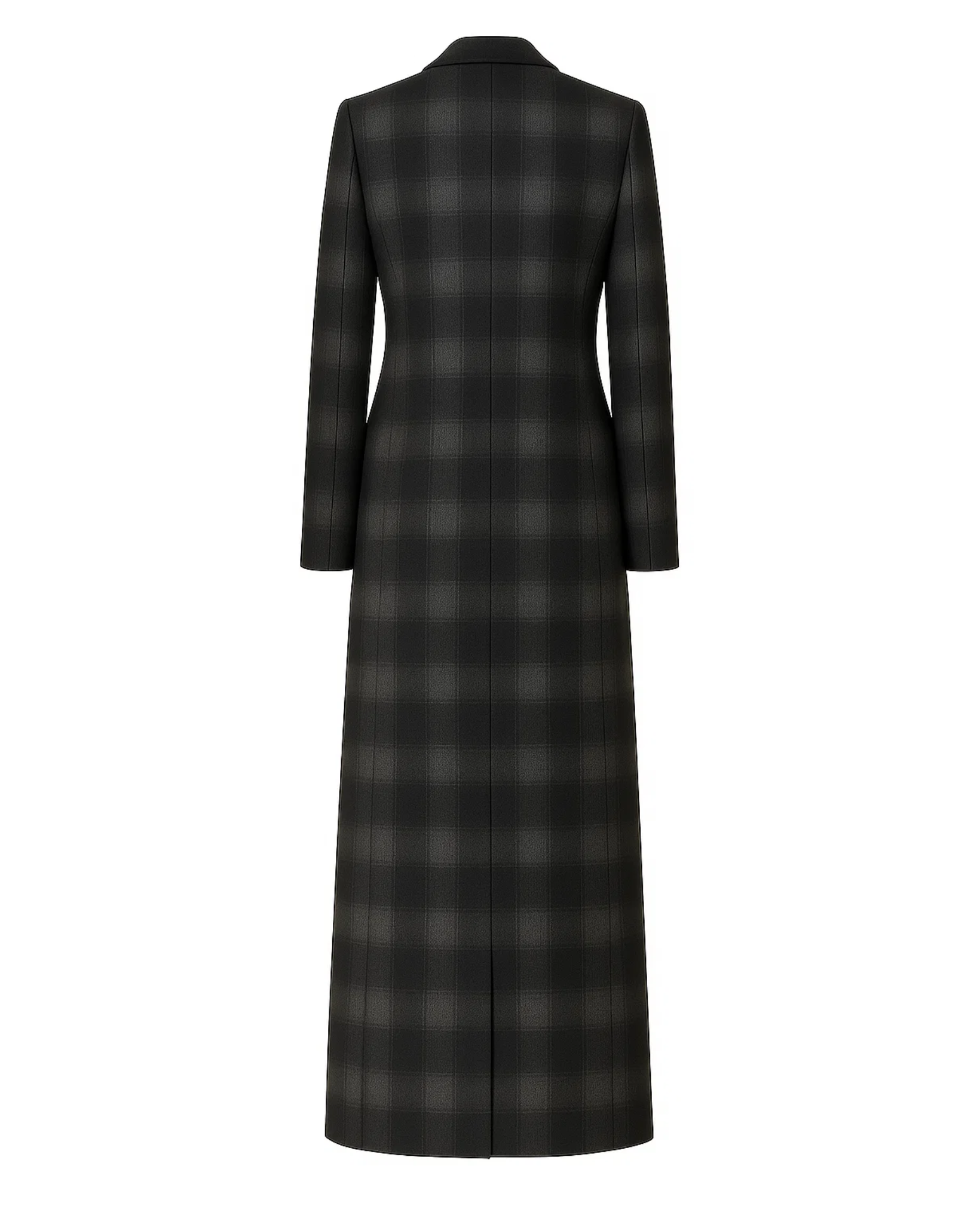 Tailory grey black shadow plaid maxi overcoat back view