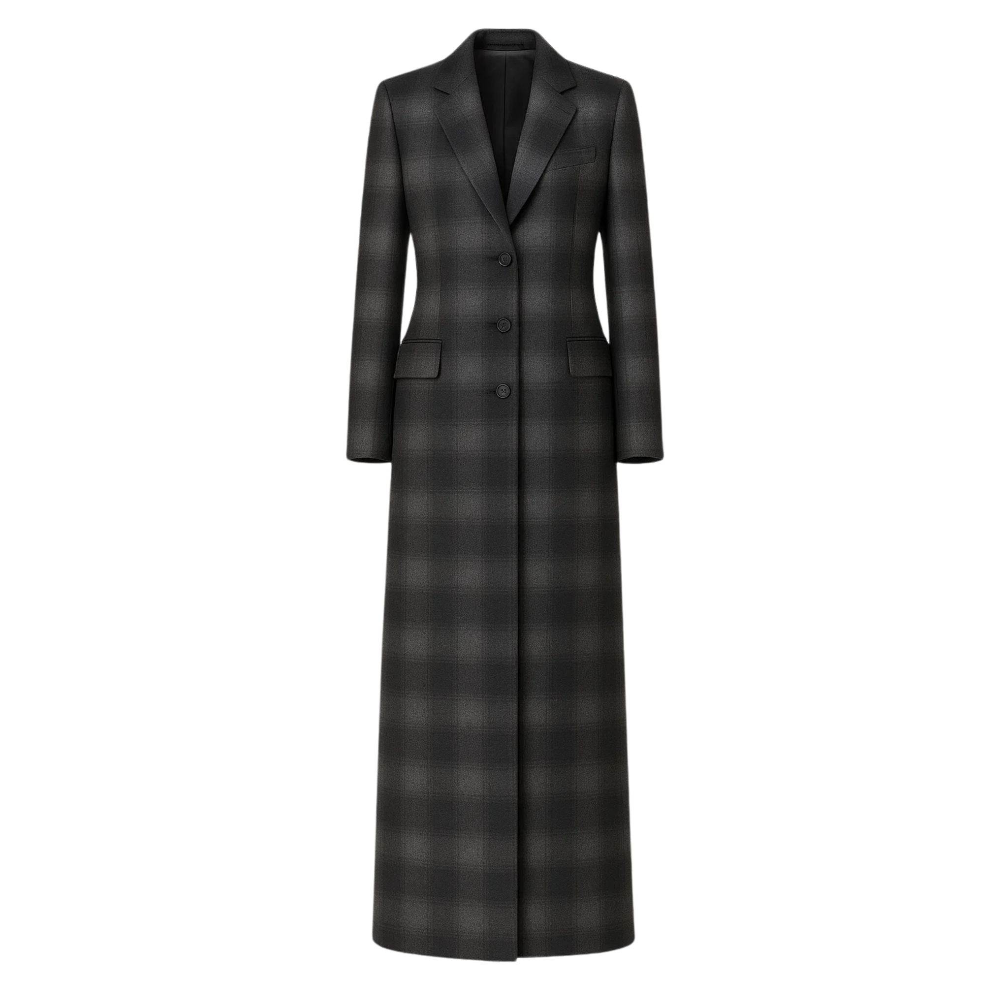 Tailory grey black shadow plaid maxi overcoat front view