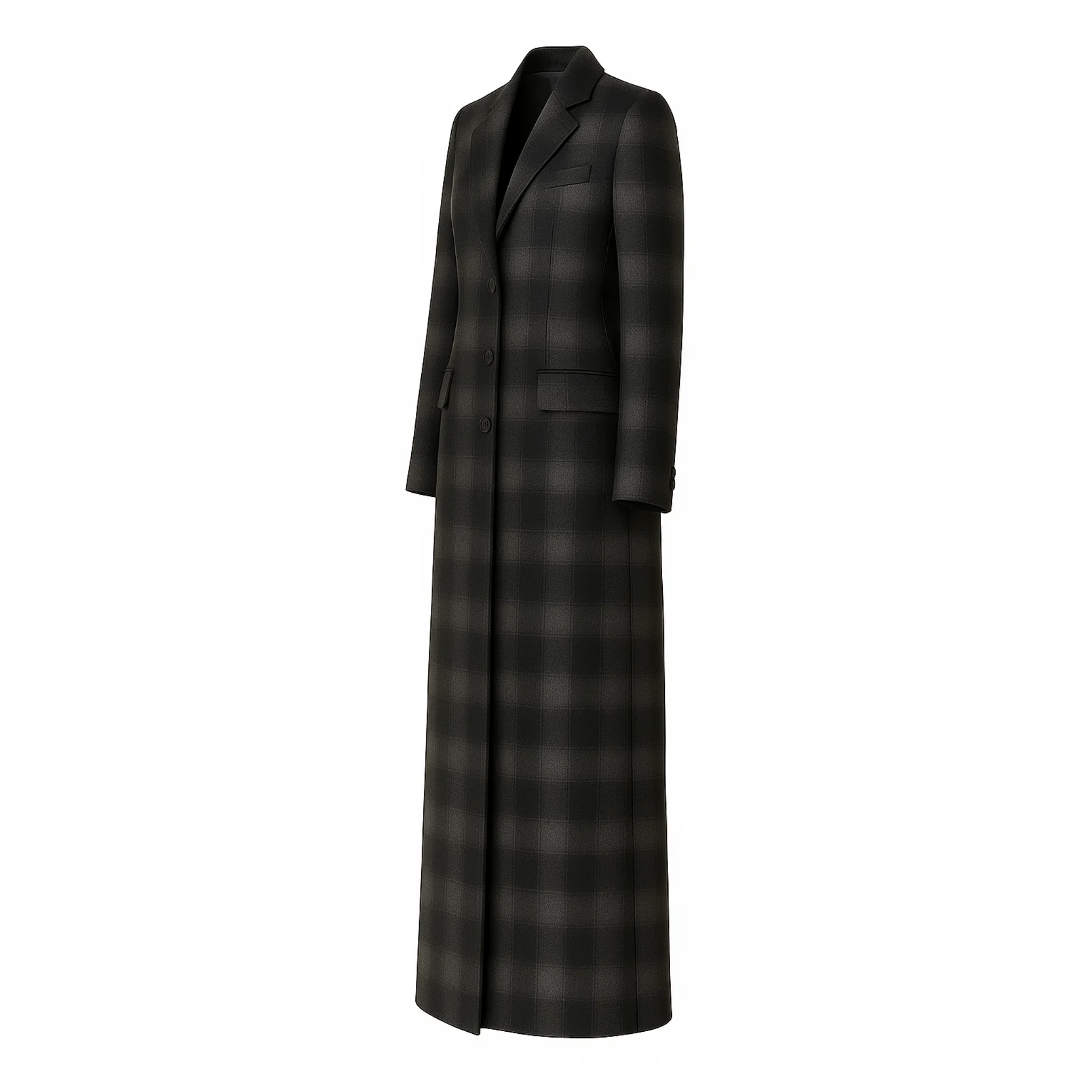 Tailory grey black shadow plaid maxi overcoat side  view
