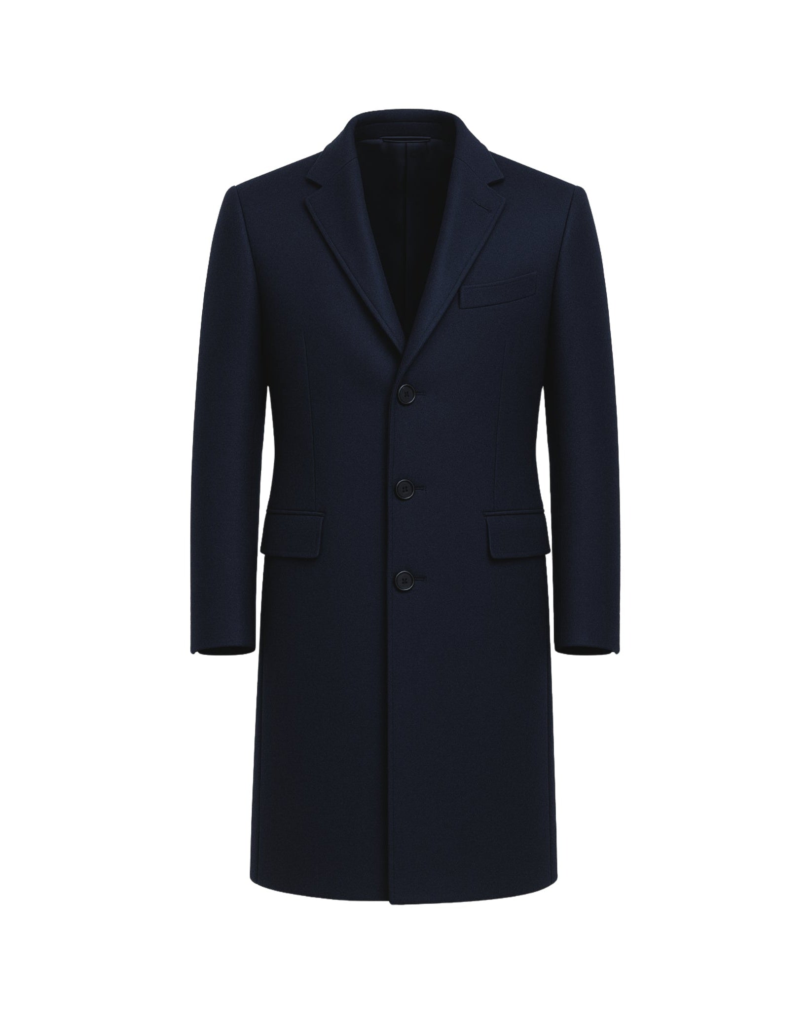 Tailory navy wool men’s overcoat notched lapel front view