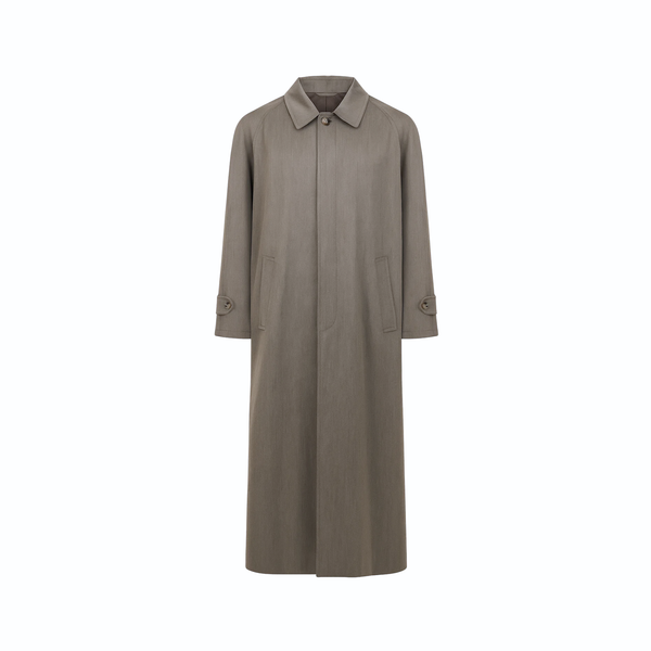Tailory taupe-grey full-length overcoat with concealed button placket front view