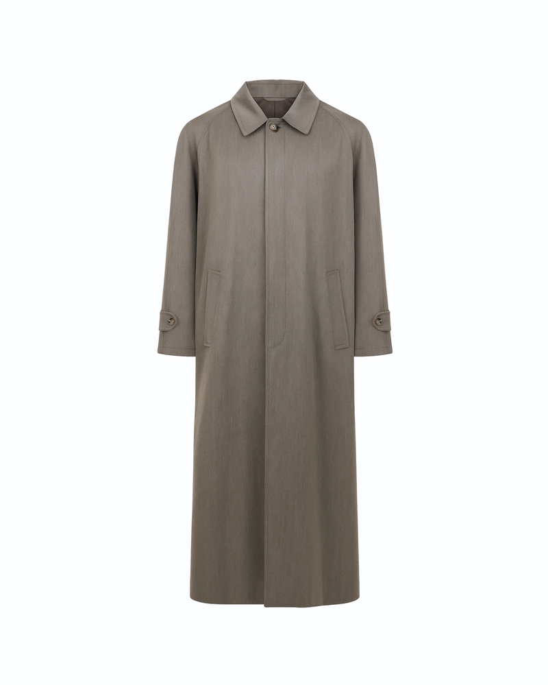 Tailory taupe-grey full-length overcoat with concealed button placket front view
