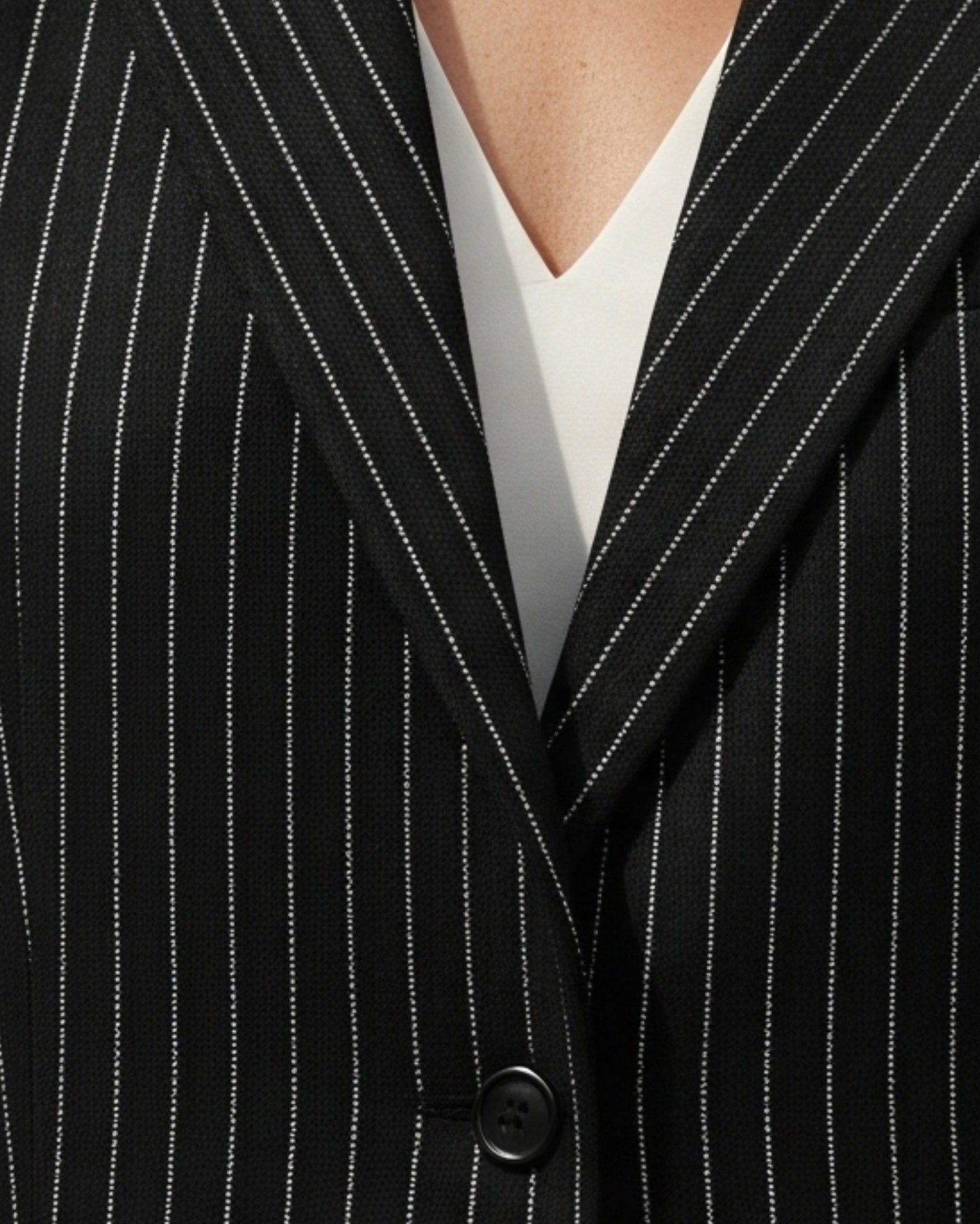 Tailory black white pinstripe oversized blazer button detail
