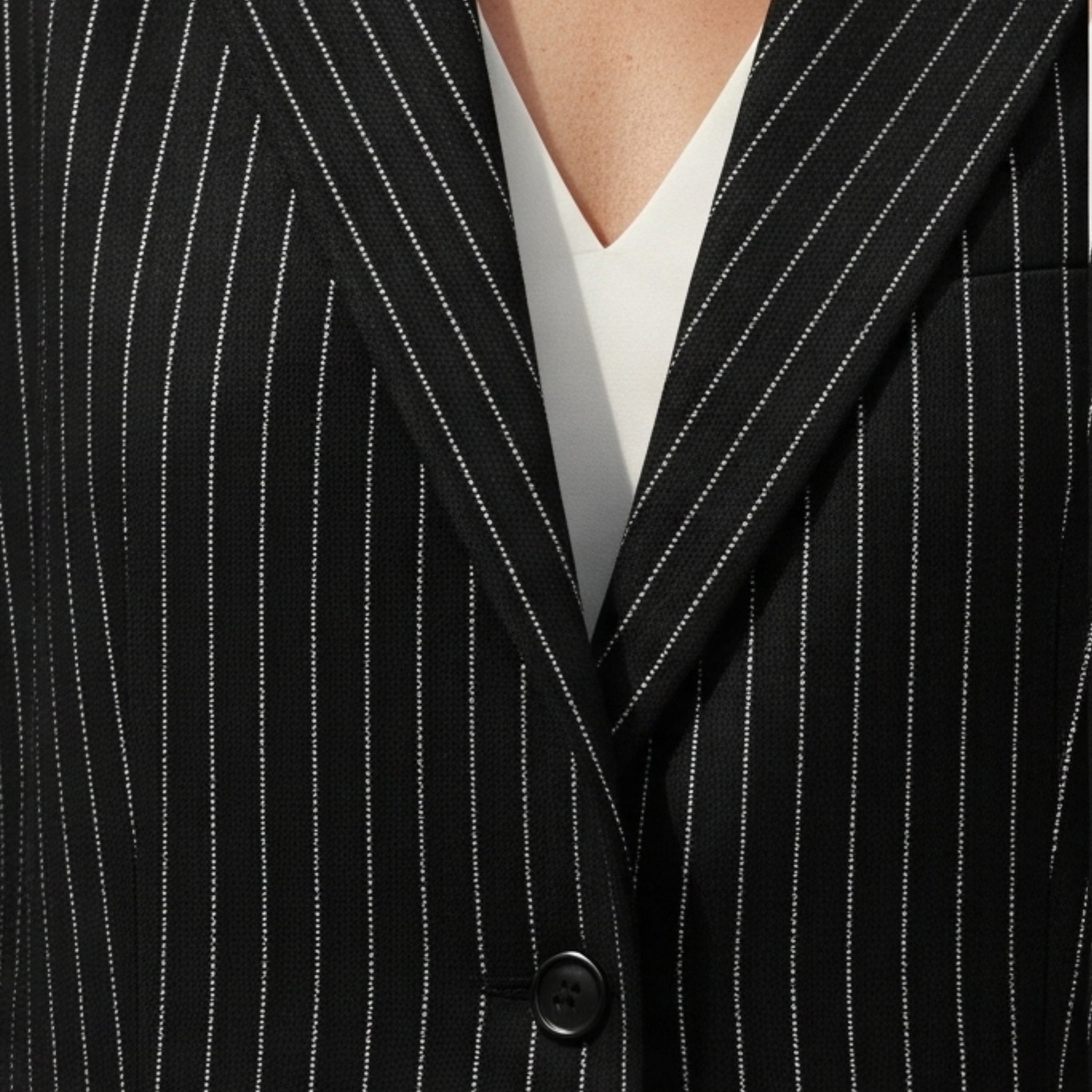 Tailory black white pinstripe oversized blazer button detail