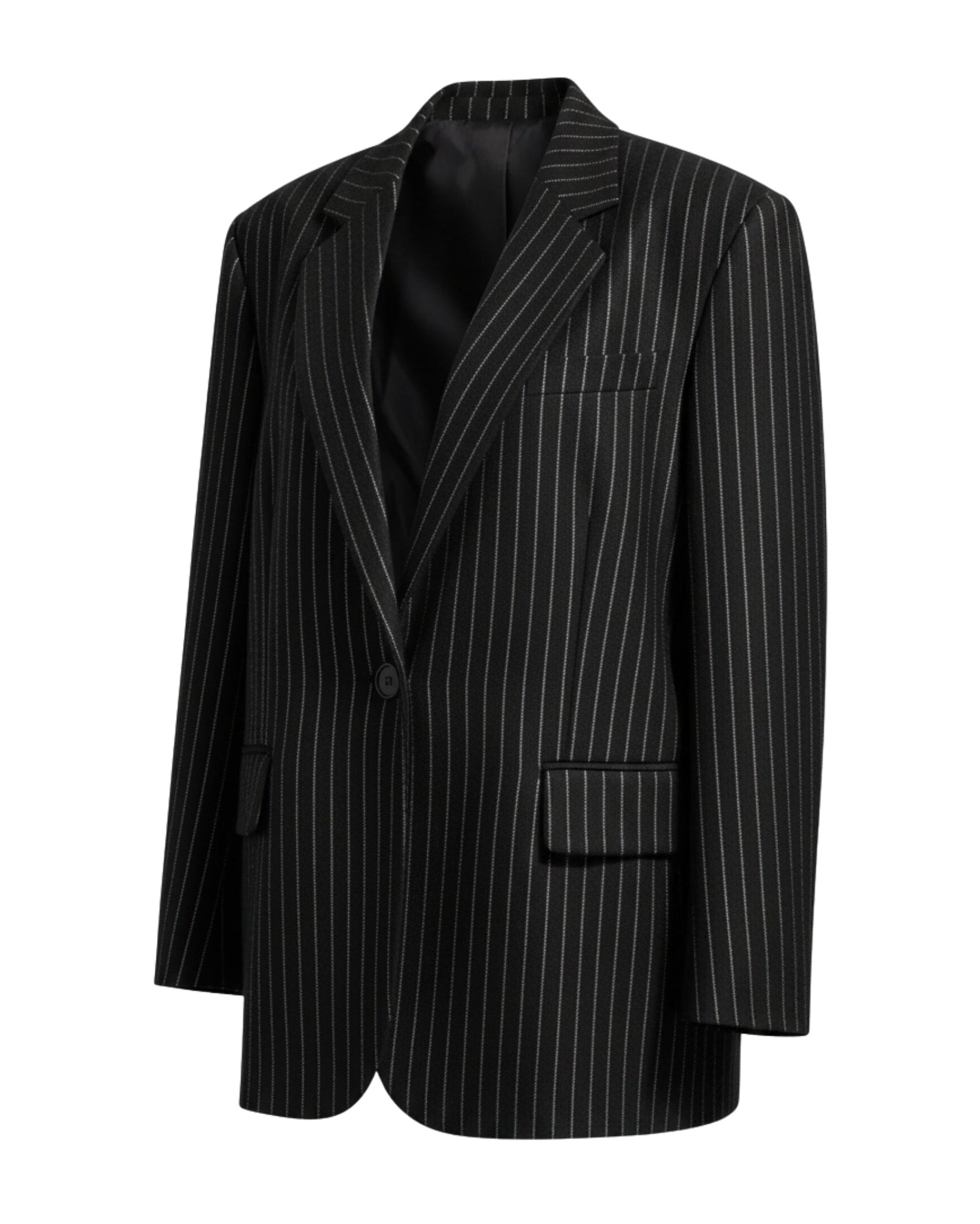 Tailory black white pinstripe oversized blazer side view
