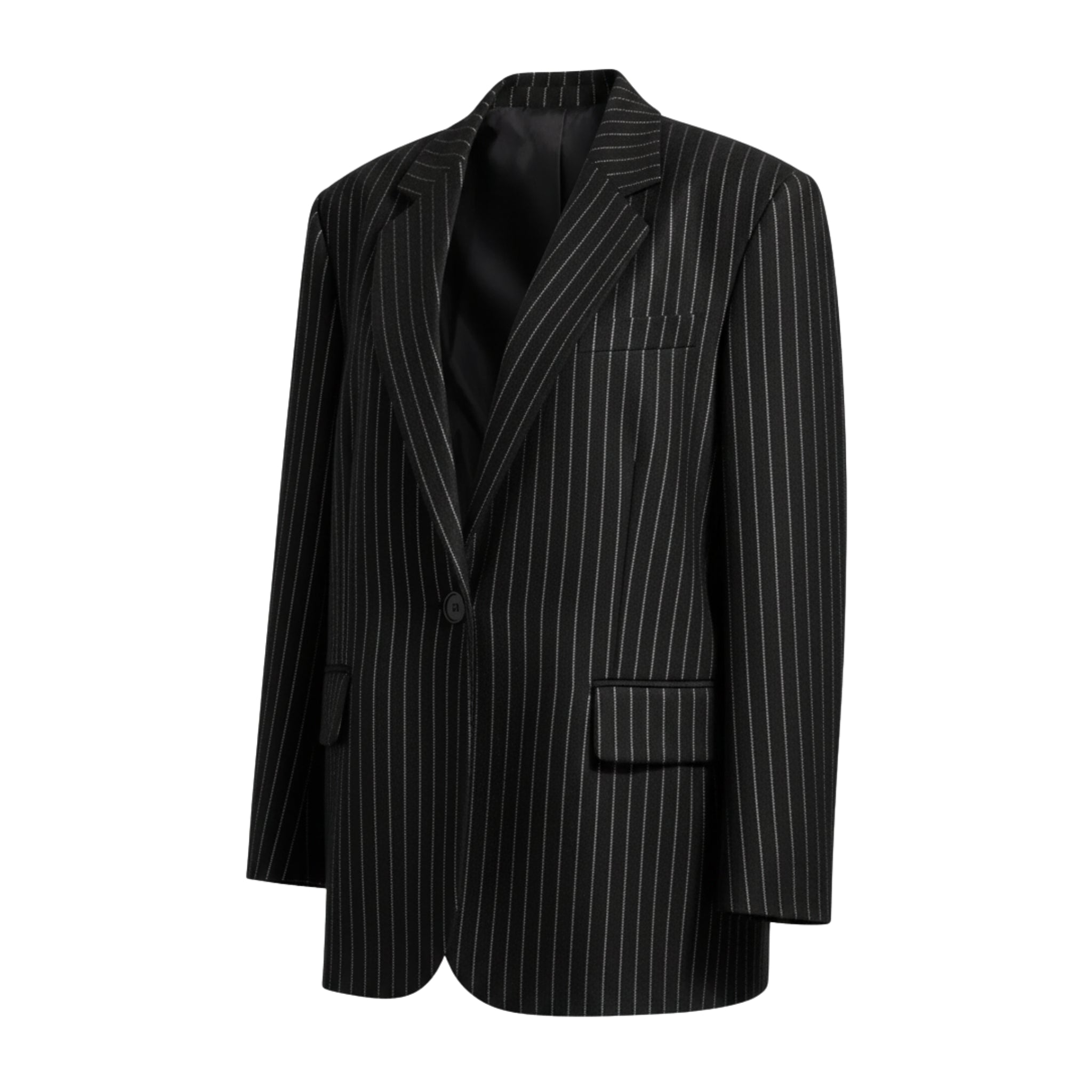 Tailory black white pinstripe oversized blazer side view