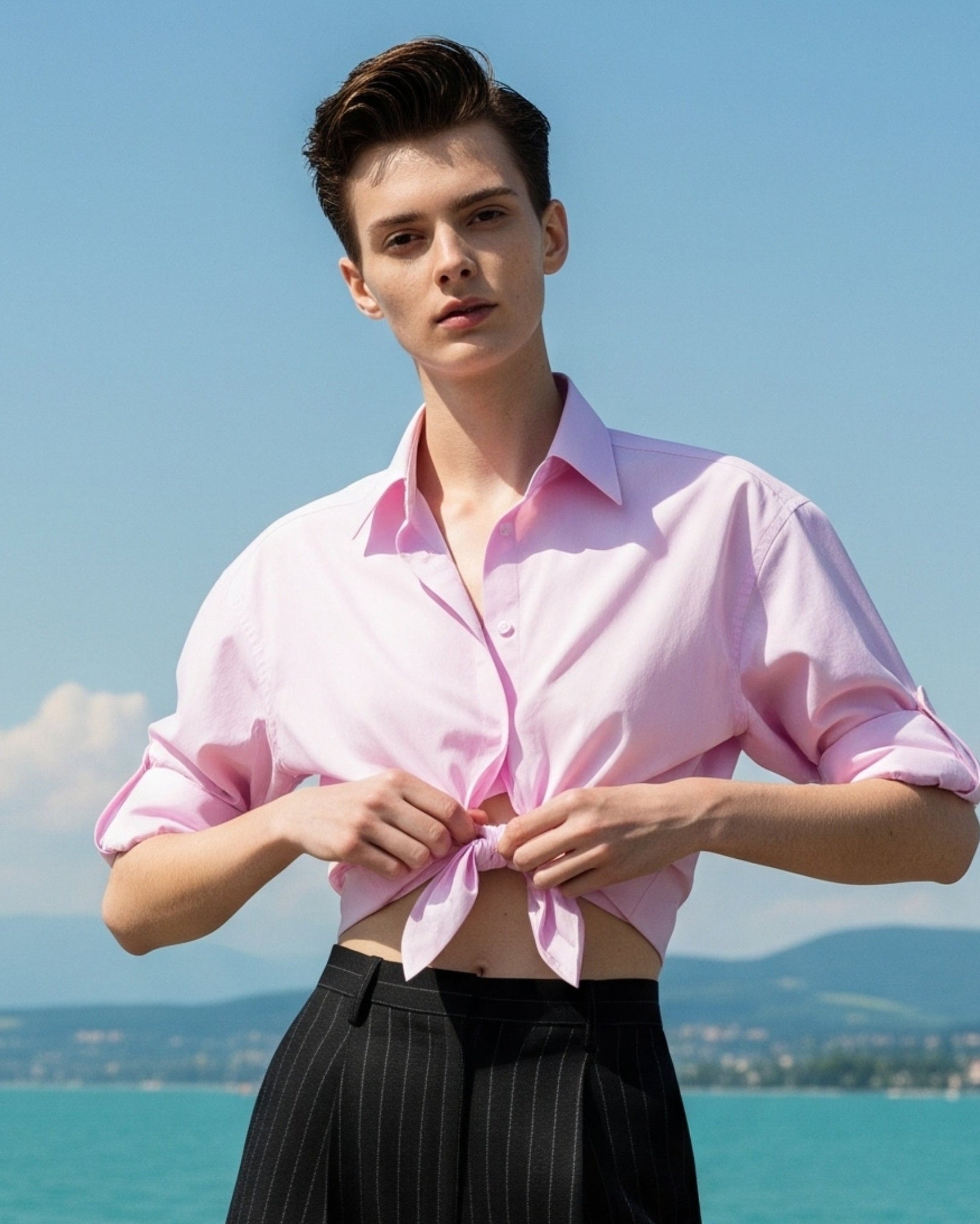 Tailory baby pink oversized button-up shirt styled on model