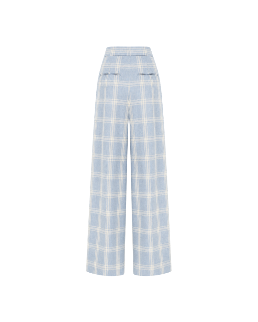 The Tailory New York blue check Loro Piana cashmere silk pleated pants back view