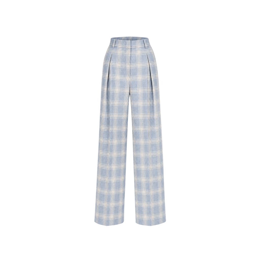The Tailory New York blue check Loro Piana cashmere silk pleated pants front view