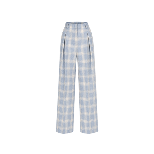 The Tailory New York blue check Loro Piana cashmere silk pleated pants front view