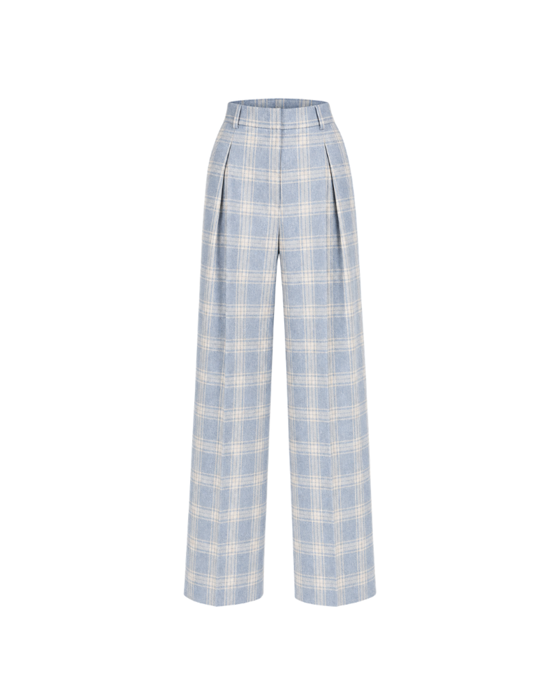 The Tailory New York blue check Loro Piana cashmere silk pleated pants front view