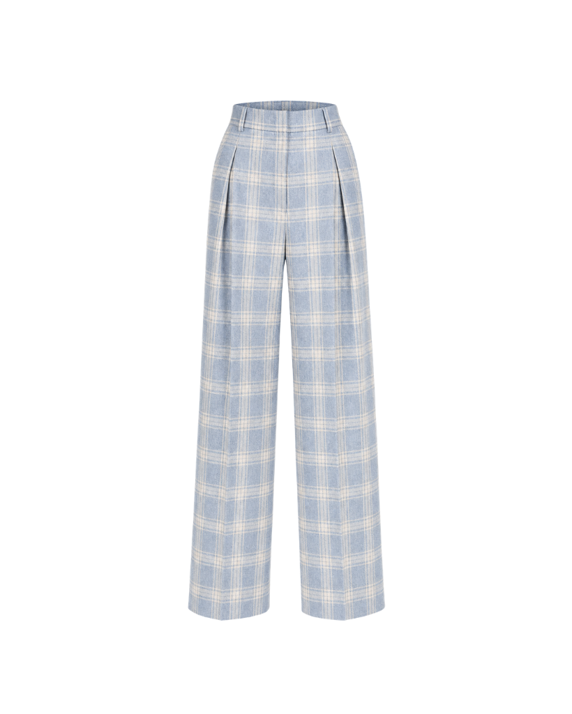 The Tailory New York blue check Loro Piana cashmere silk pleated pants front view