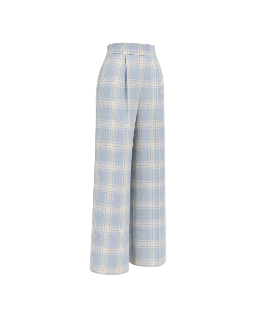 The Tailory New York blue check Loro Piana cashmere silk pleated pants side view
