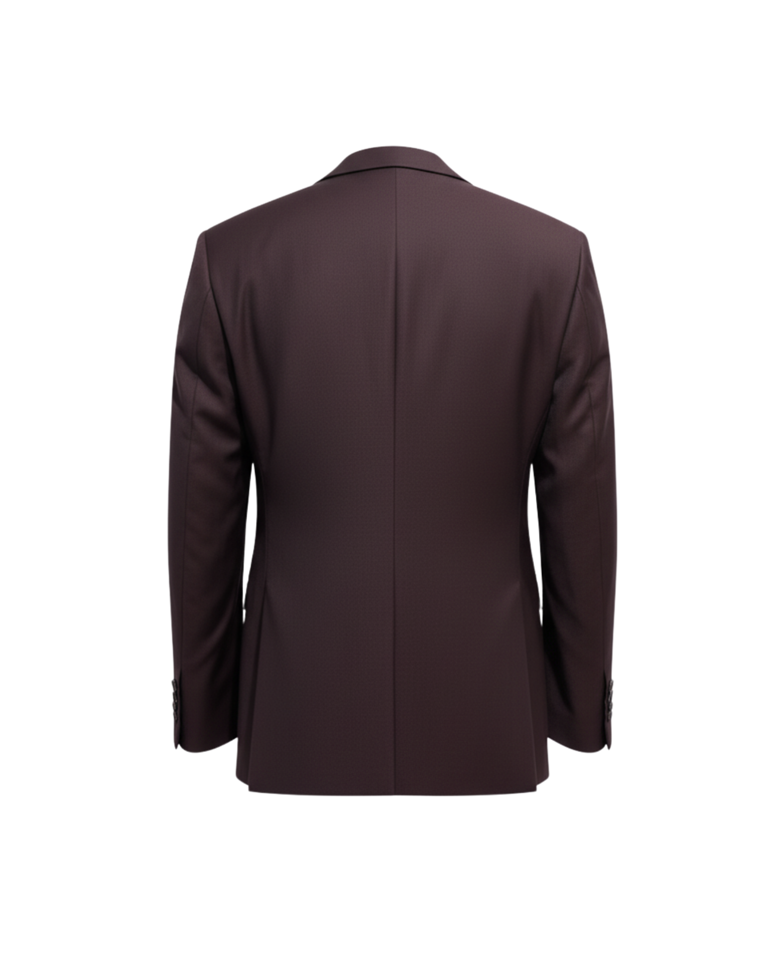 Tailory burgundy peak-lapel single-button blazer with tonal piping, back view.