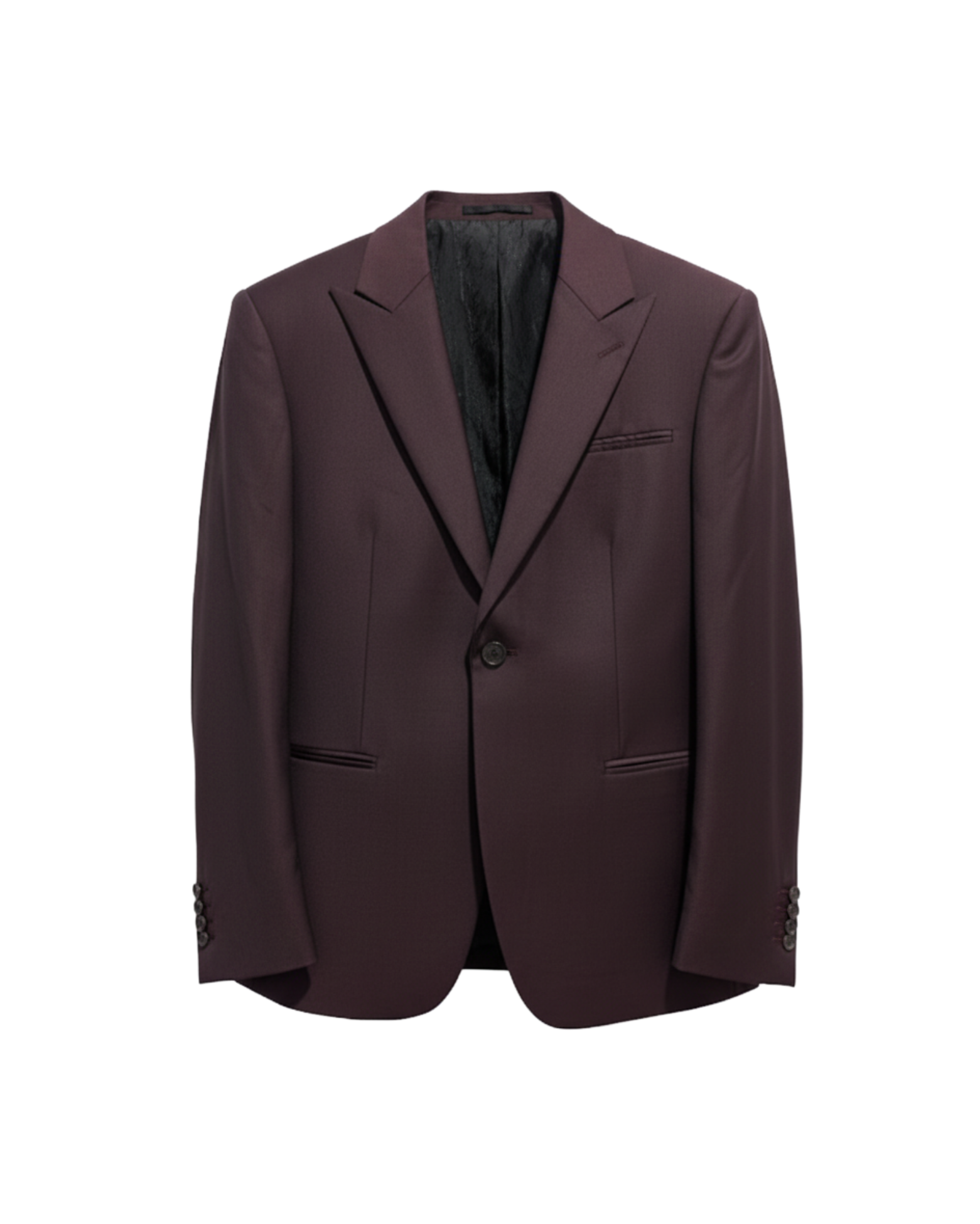 Tailory burgundy peak-lapel single-button blazer with tonal piping, front view.