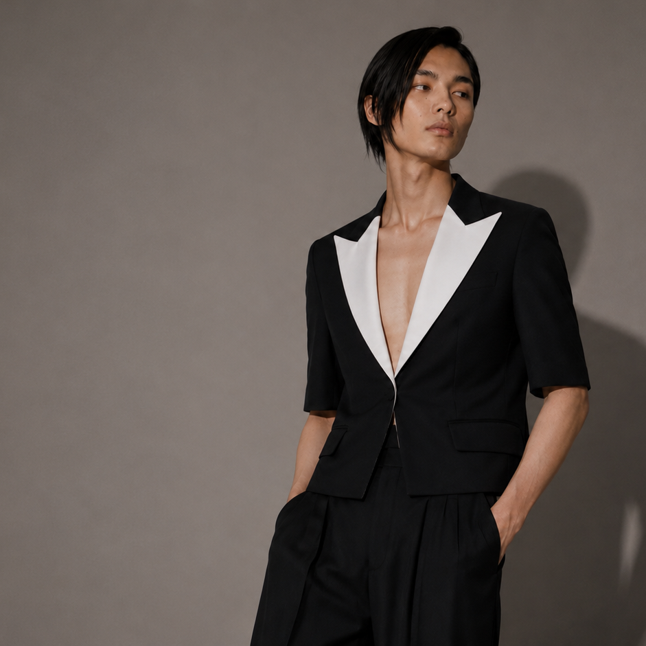 Person wearing a black suit with white shirt against a gray background