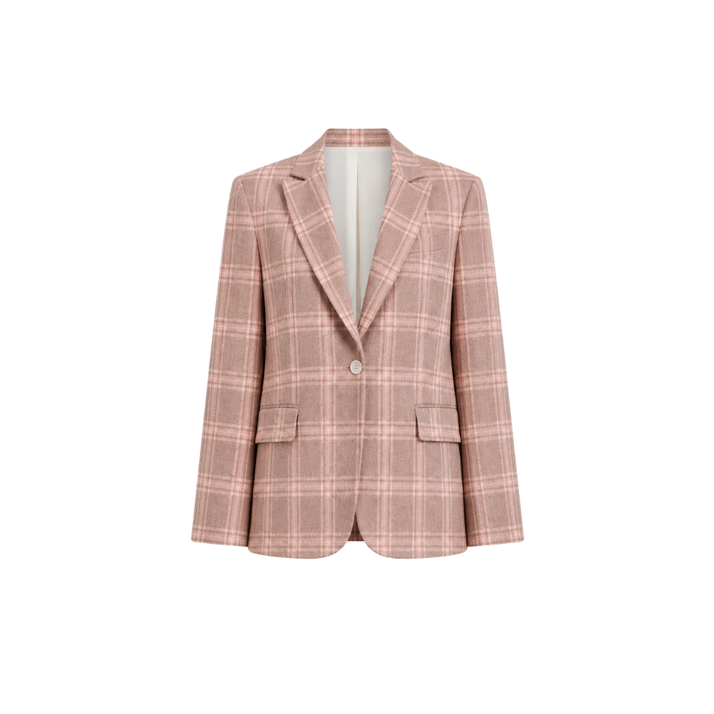 Pink plaid blazer on a white background