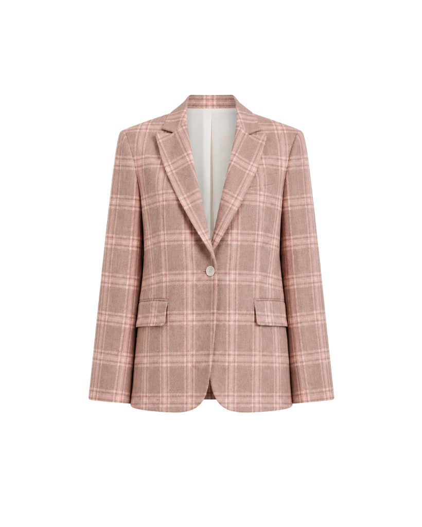 Pink plaid blazer on a white background
