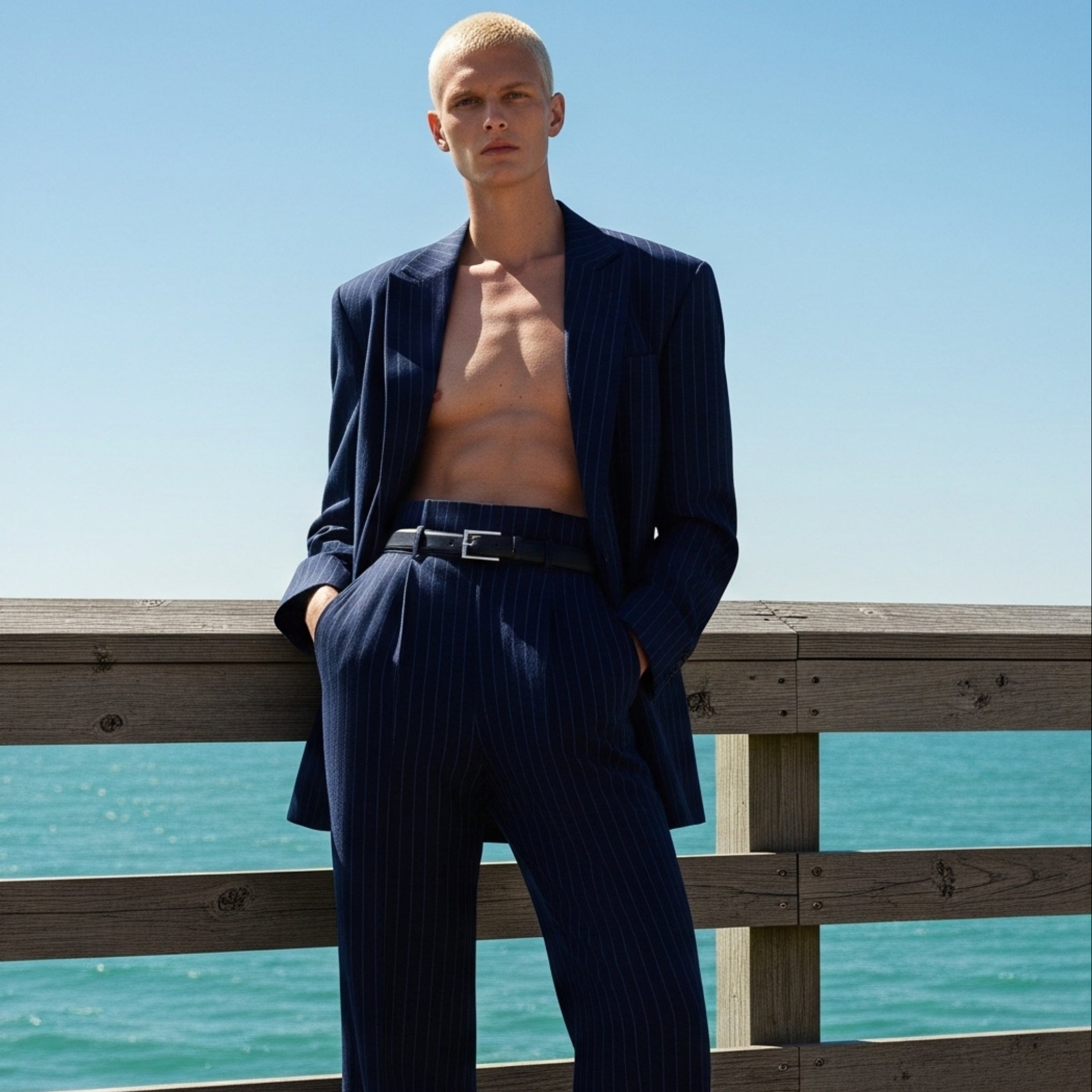 Tailory navy white pinstripe blazer worn on model