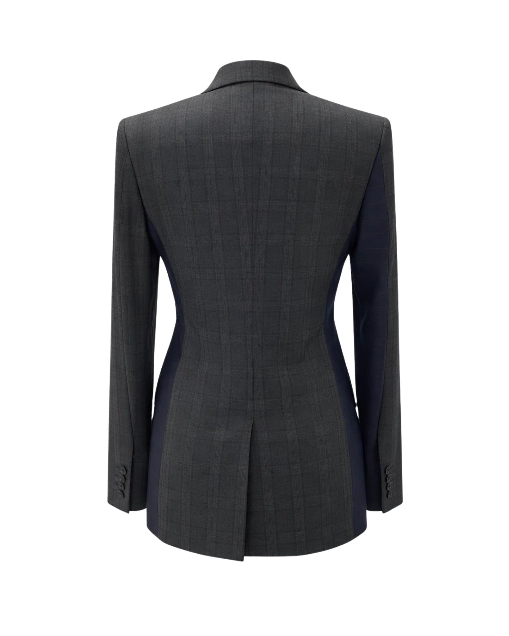 Tailory blue and grey peak-lapel jacket with red horizontal pinstripe back view