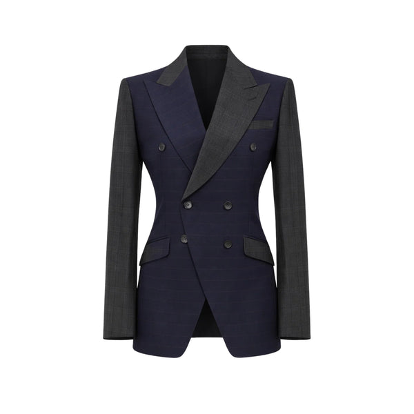 Tailory blue and grey peak-lapel jacket with red horizontal pinstripe front view