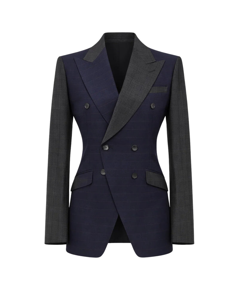 Tailory blue and grey peak-lapel jacket with red horizontal pinstripe front view