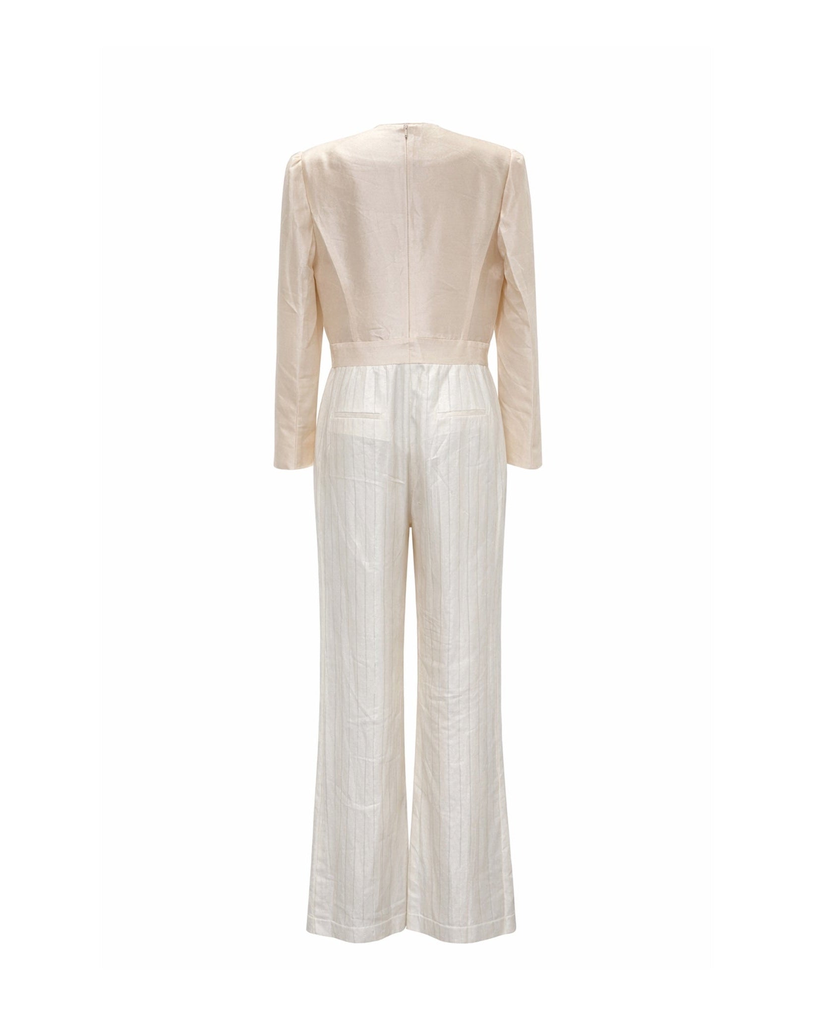 Tailory white metallic pinstripe tailored jumpsuit back view