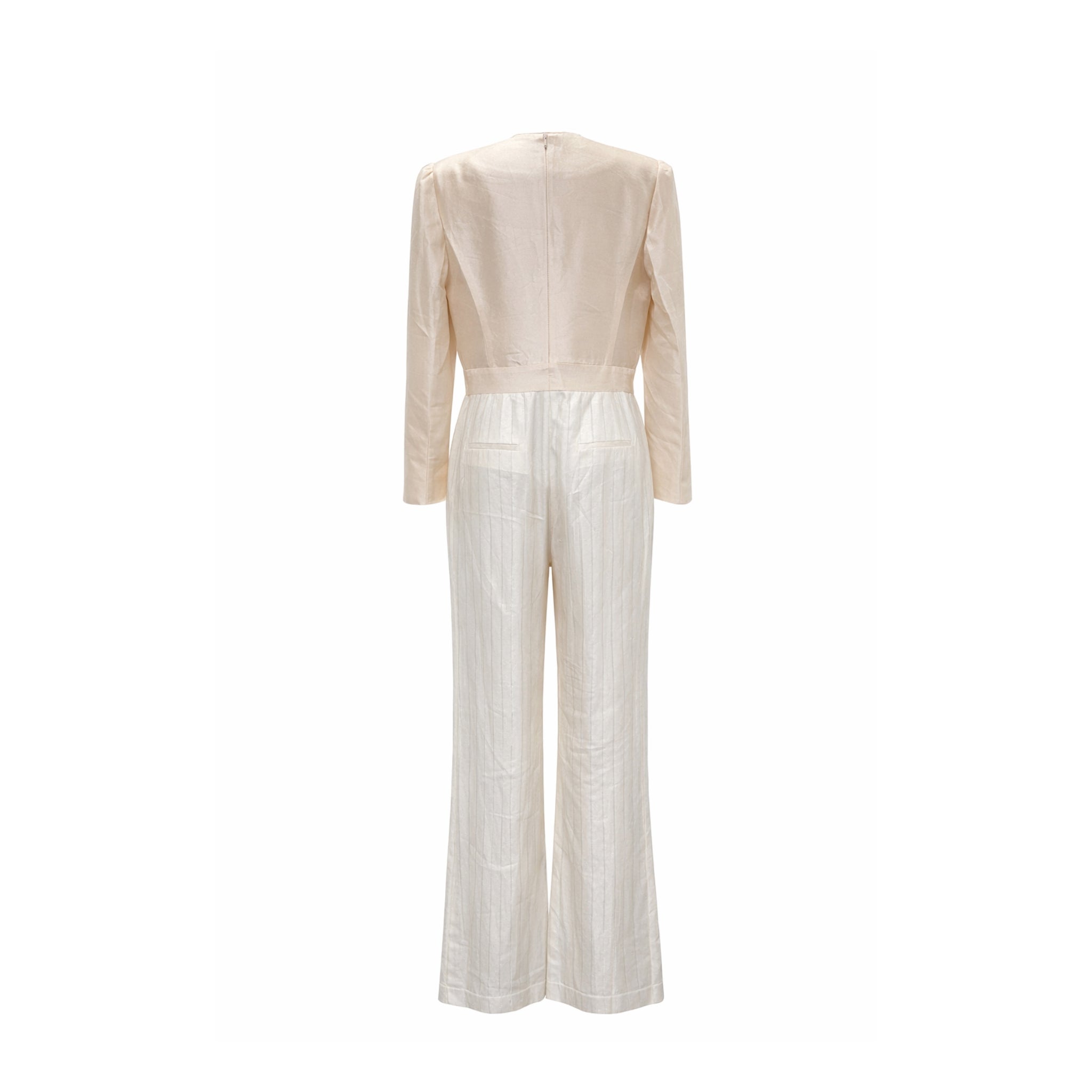 Tailory white metallic pinstripe tailored jumpsuit back view