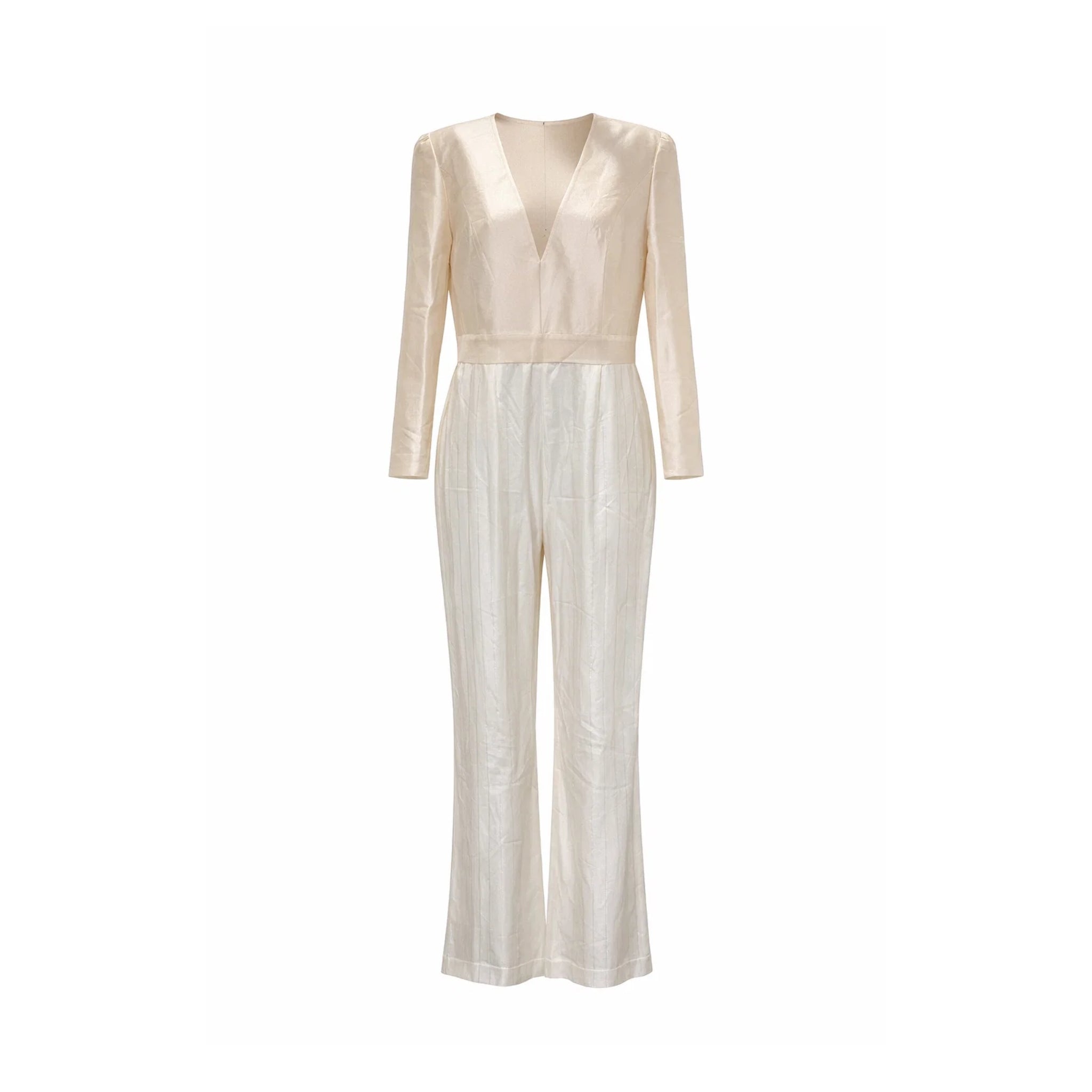 Tailory white metallic pinstripe tailored jumpsuit front view