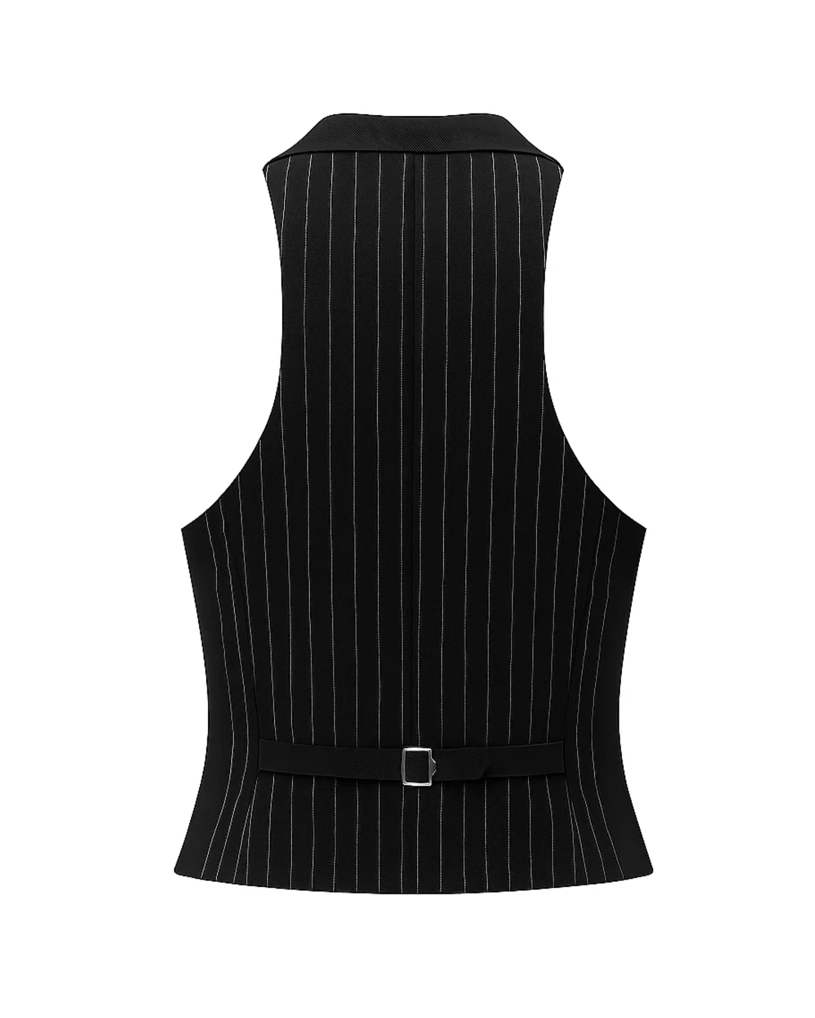 Tailory black white pinstripe fitted vest back view