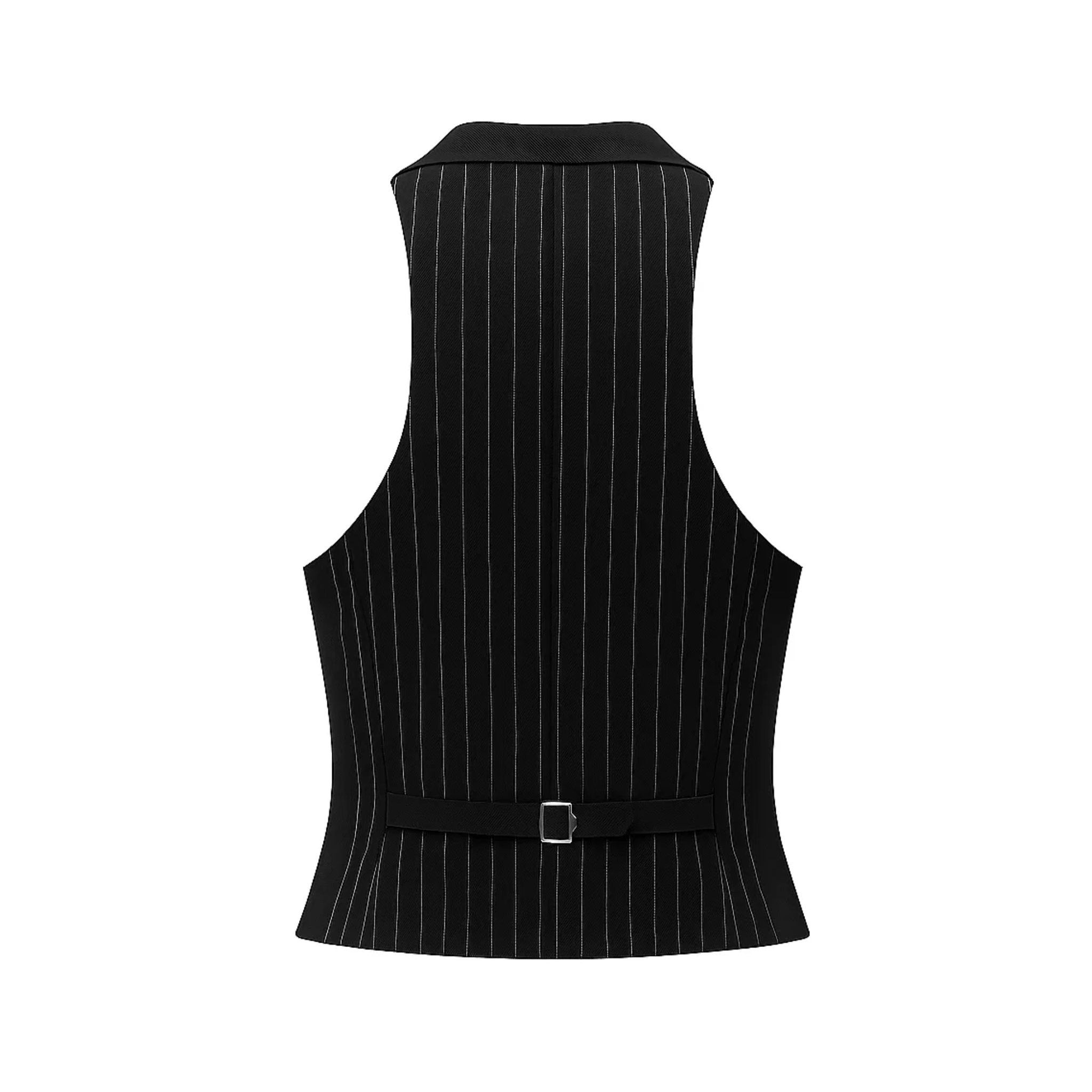 Tailory black white pinstripe fitted vest back view