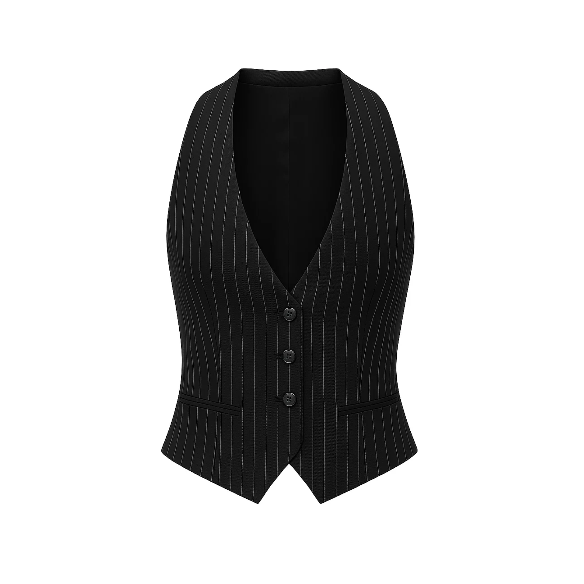 Tailory black white pinstripe low-cut fitted vest front view
