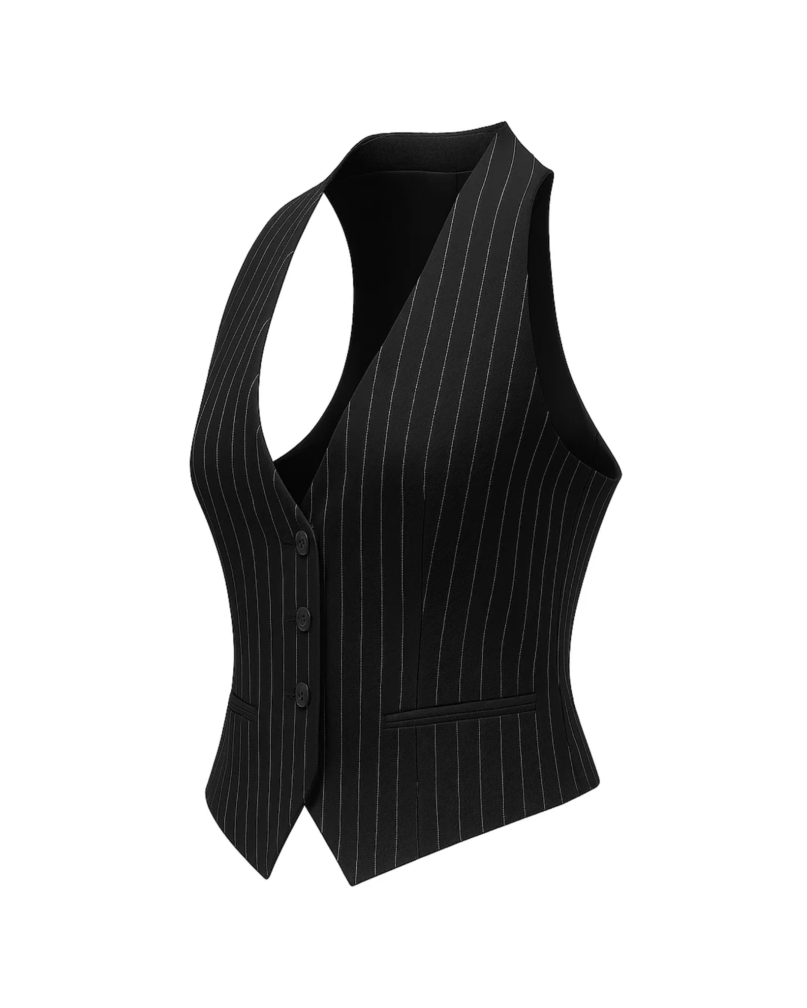 Tailory black white pinstripe fitted vest side view