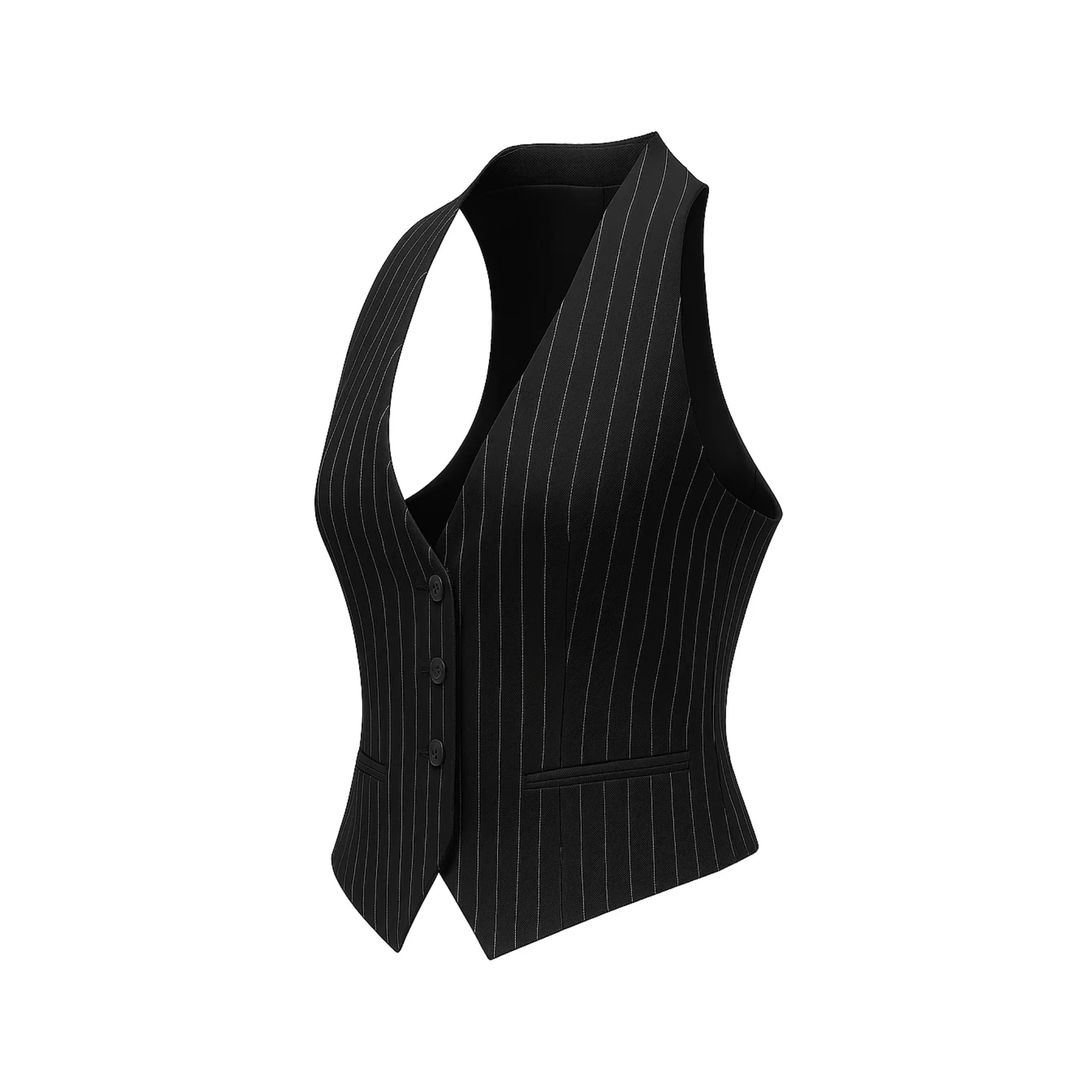 Tailory black white pinstripe fitted vest side view